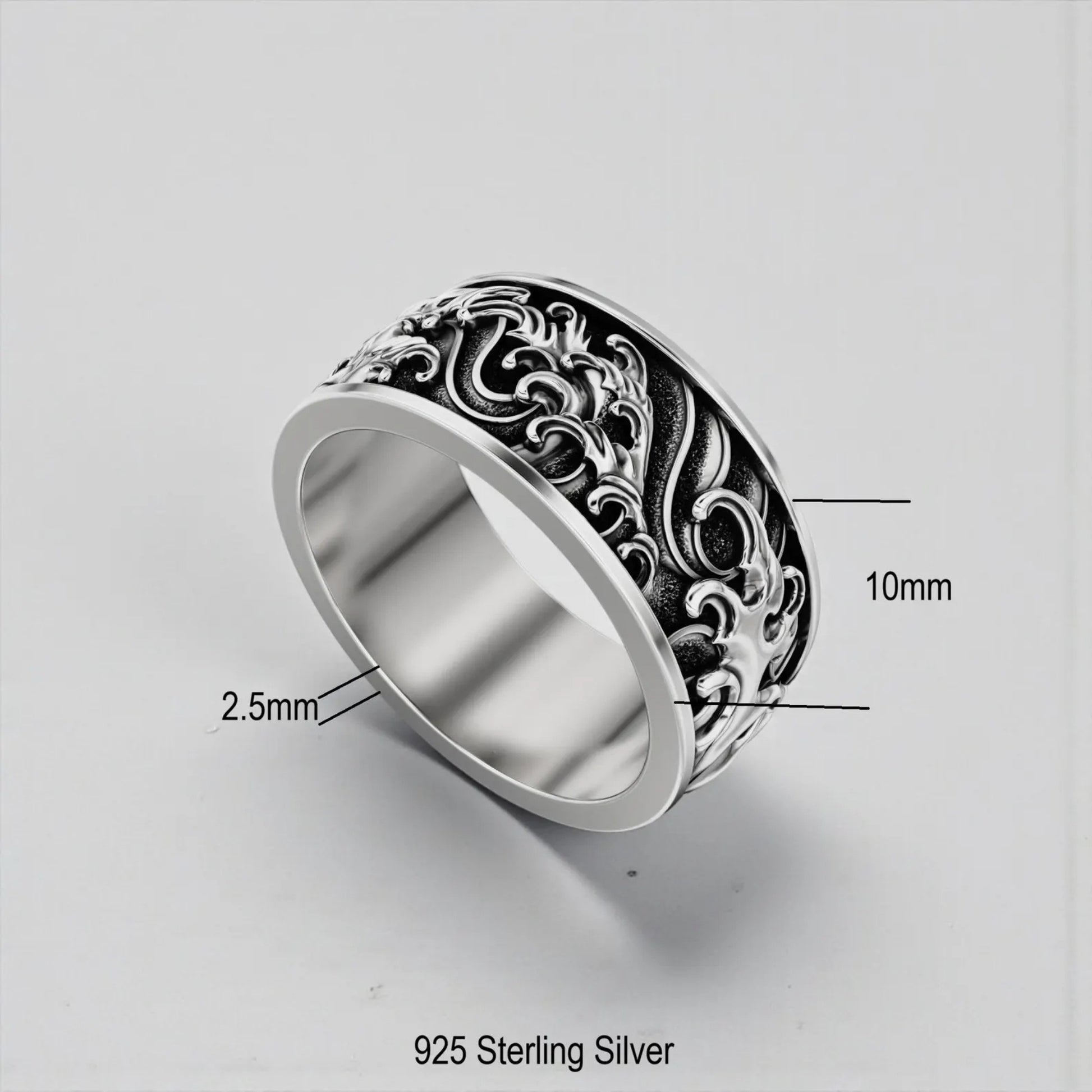 Nautical ocean waves ring for men with custom engraving option, handcrafted sterling silver sea lover jewelry
