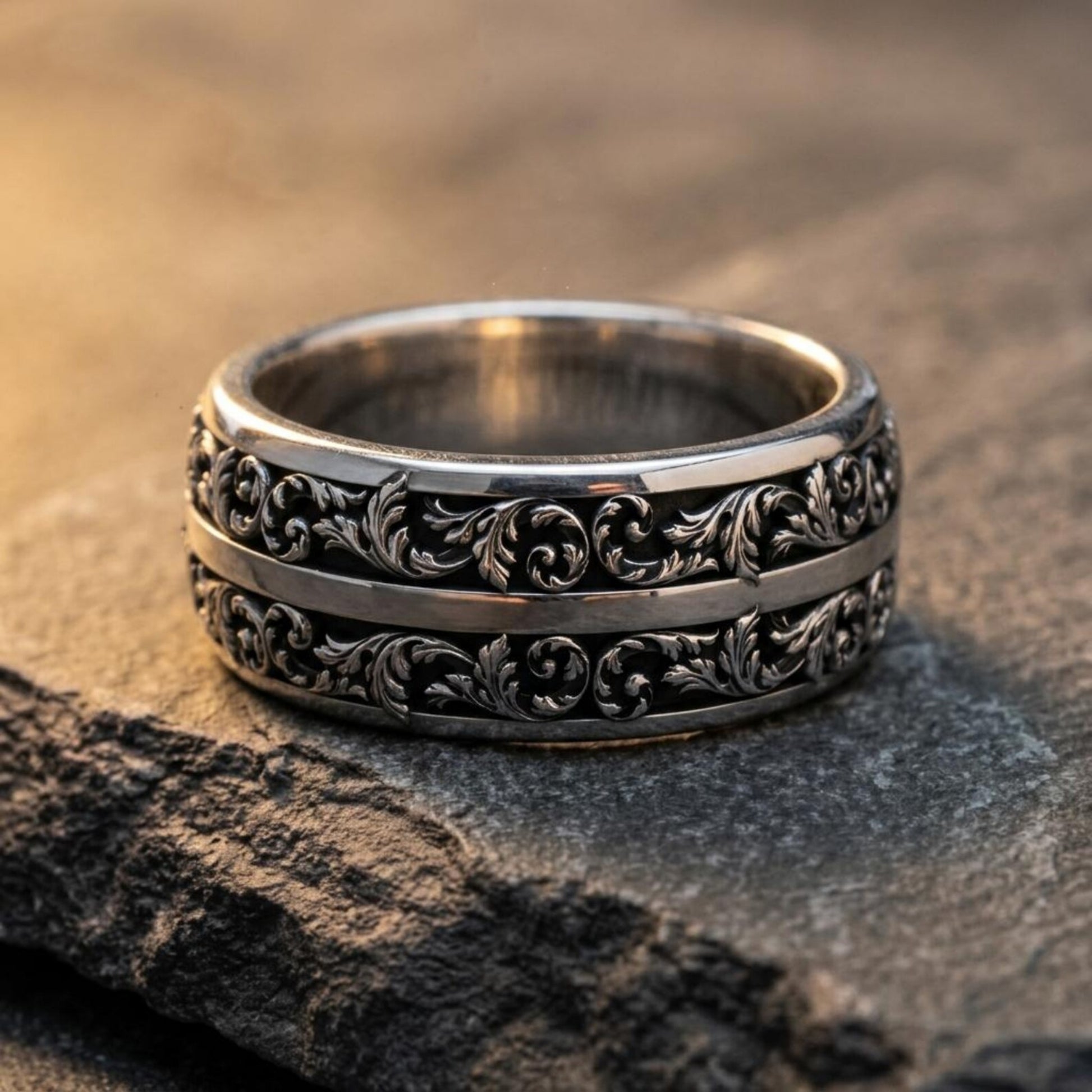 Ornate Sterling Silver Band Ring showcasing detailed Baroque-inspired scrollwork and handcrafted artisan craftsmanship, designed for weddings, anniversaries, and meaningful occasions.