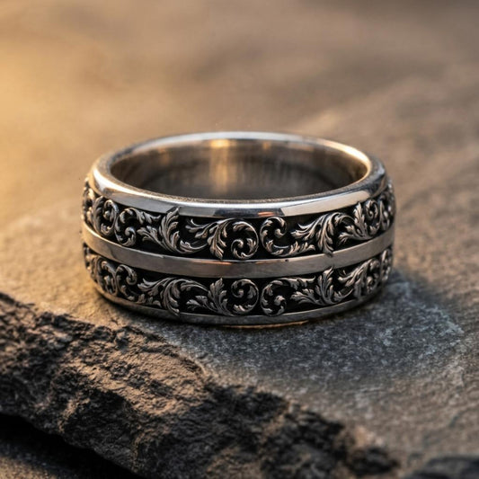 Ornate Sterling Silver Band Ring showcasing detailed Baroque-inspired scrollwork and handcrafted artisan craftsmanship, designed for weddings, anniversaries, and meaningful occasions.