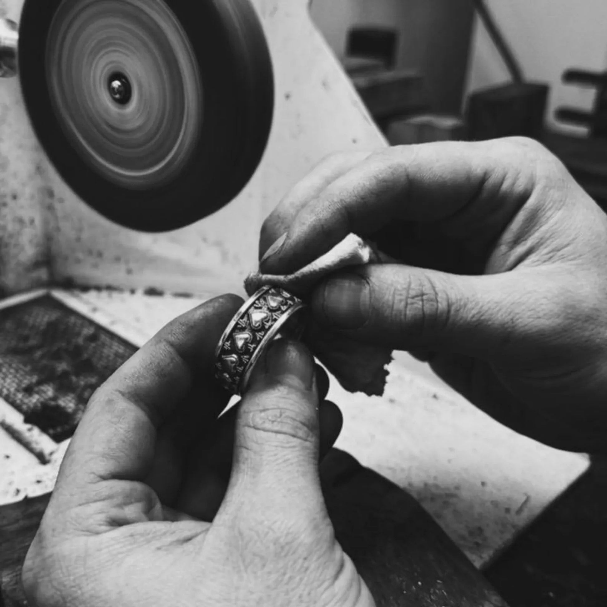 Gothic Wedding Ring featuring intricate Ace of Spades engravings and medieval-inspired ornamentation, handcrafted from solid sterling silver for lasting durability.