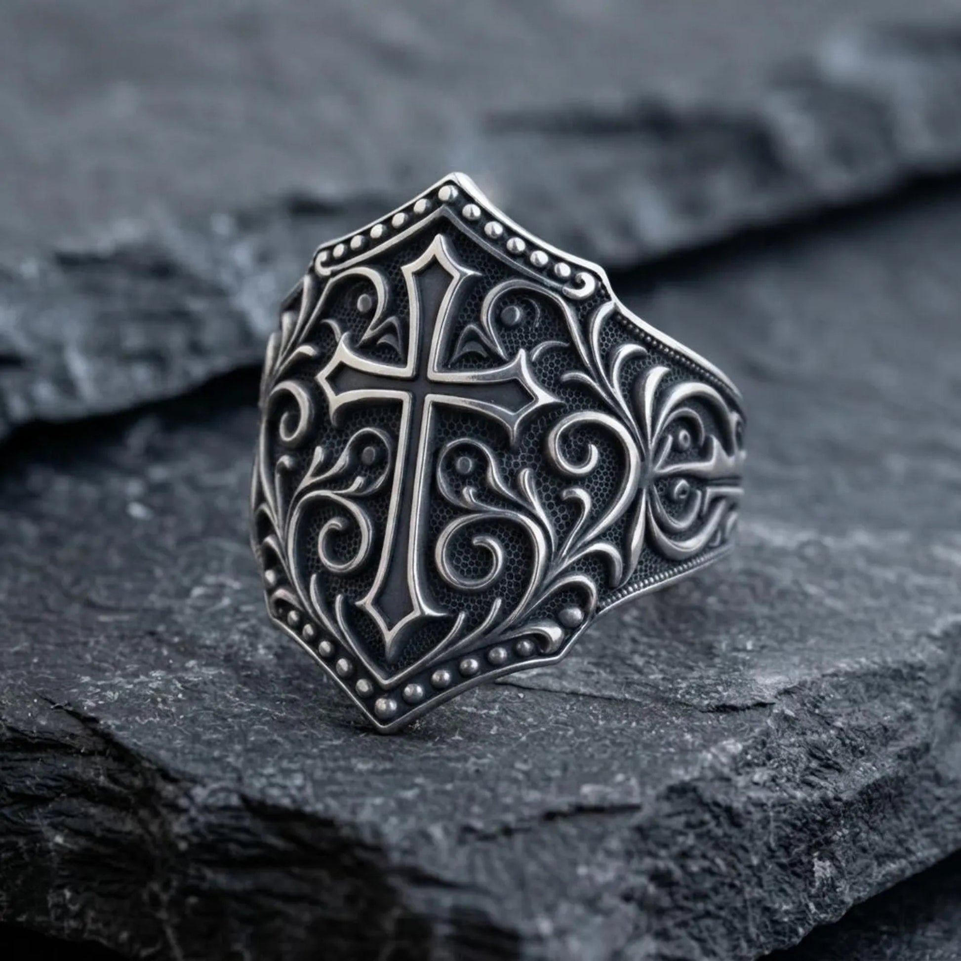Handmade Victorian Cross Shield signet ring crafted from solid 925 sterling silver, featuring an ornate Christian cross, intricate Gothic engravings, and bold medieval-inspired craftsmanship.