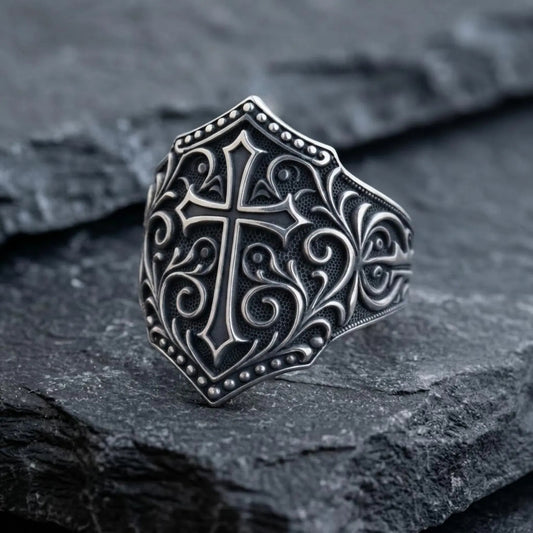 Handmade Victorian Cross Shield signet ring crafted from solid 925 sterling silver, featuring an ornate Christian cross, intricate Gothic engravings, and bold medieval-inspired craftsmanship.