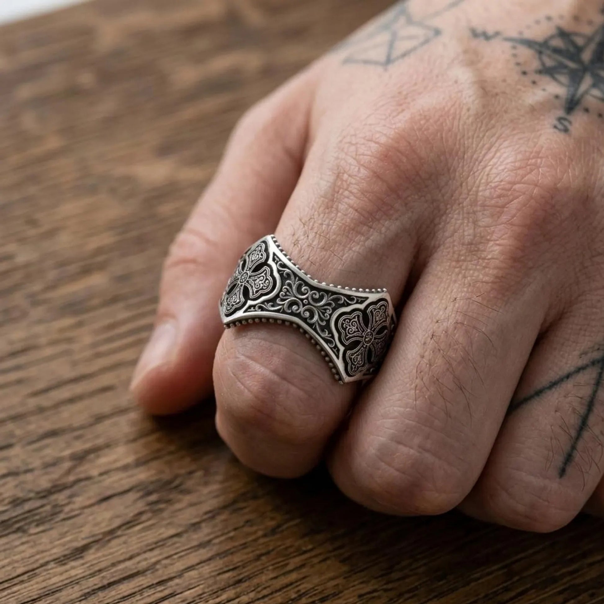 Wide sterling silver Christian wedding band with continuous Gothic cross pattern and ornate filigree details, handcrafted from solid 925 silver as a meaningful faith-inspired statement ring for everyday wear.