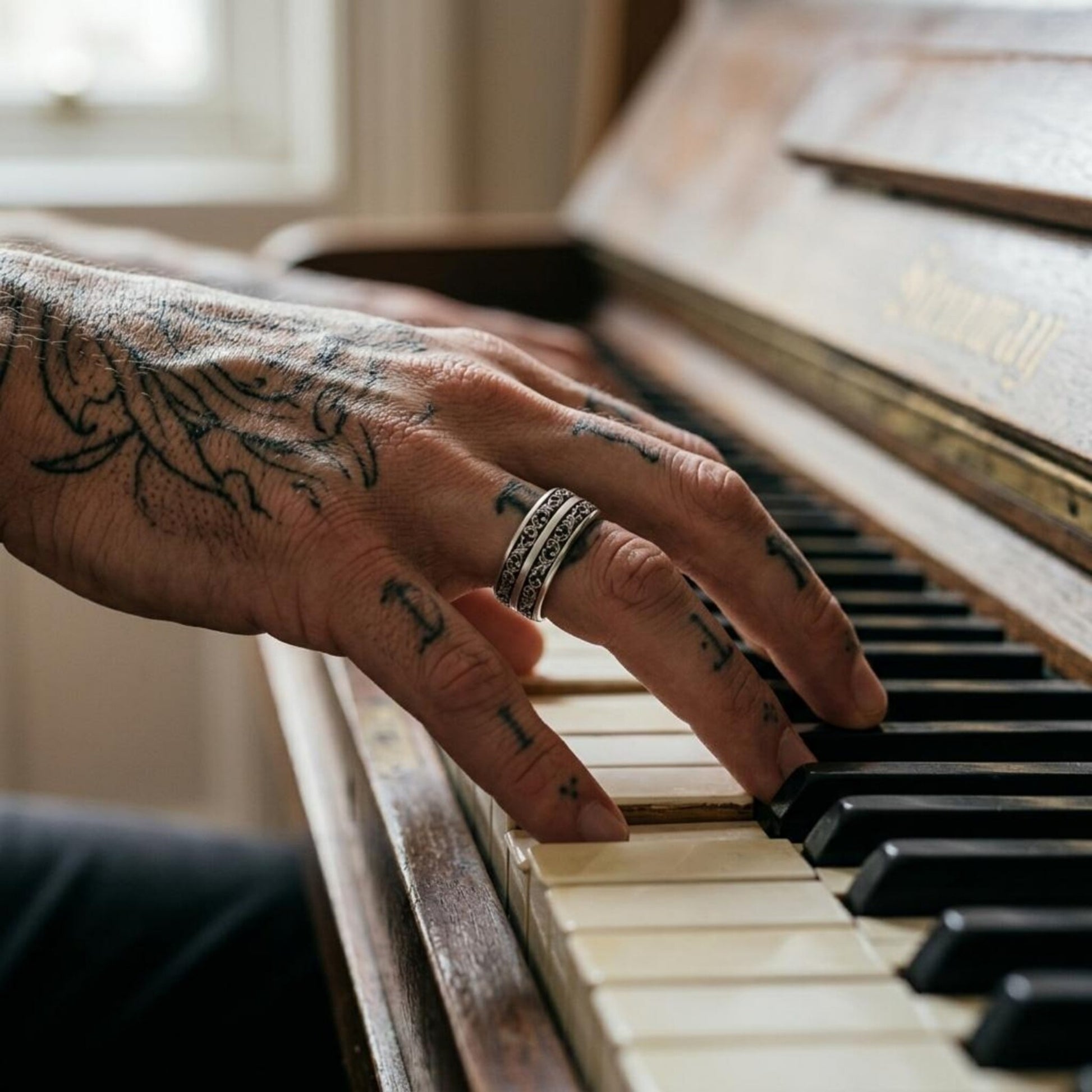 Heritage Inspired Wedding Band featuring intricate ornamental patterns, handcrafted vintage styling, and timeless sterling silver craftsmanship that celebrates classic elegance.