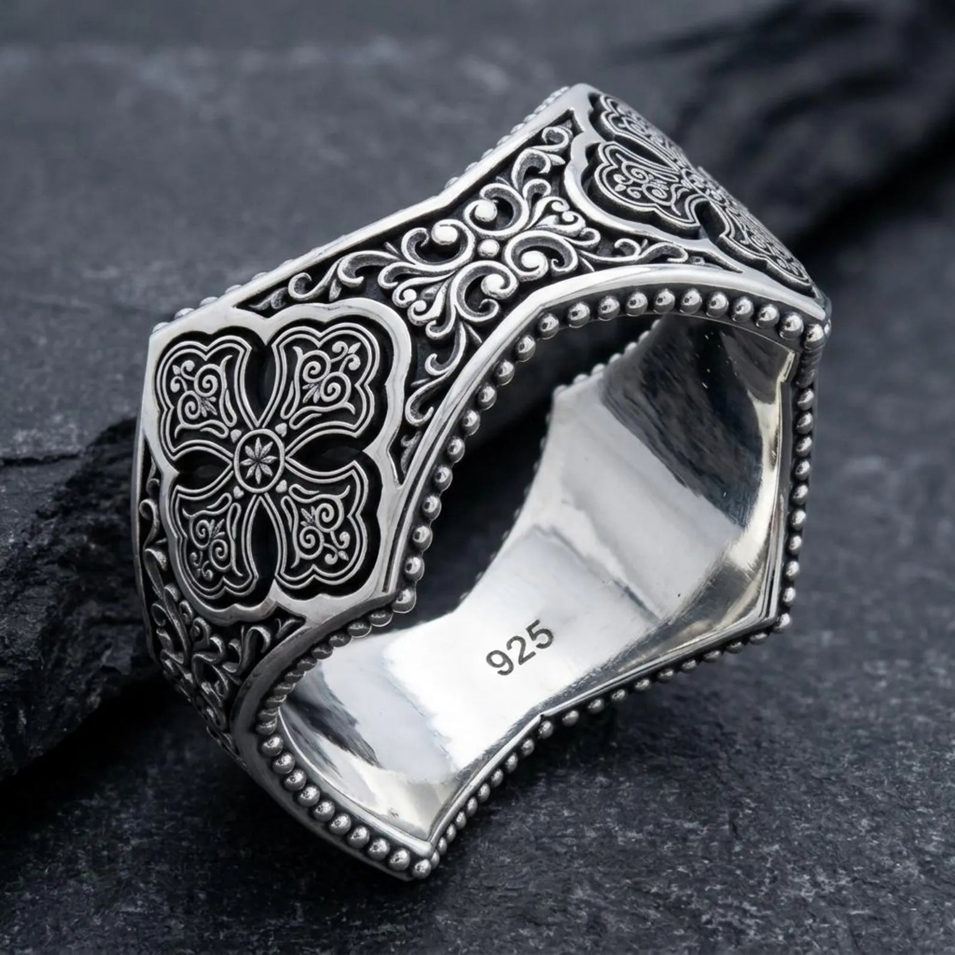 Handmade Gothic Cross wedding band crafted from solid 925 sterling silver with oxidized ornamental engravings, inspired by medieval cathedral architecture and traditional Christian symbolism.