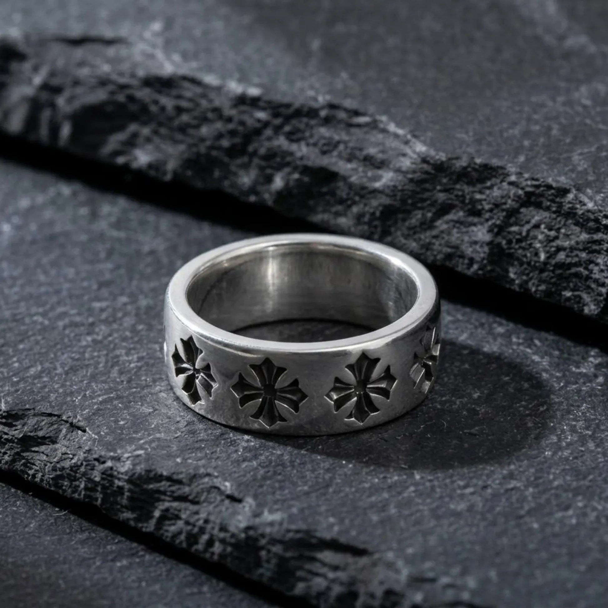 Handmade Christian Cross band ring in sterling silver with vintage oxidized finish and timeless Gothic medieval aesthetics.