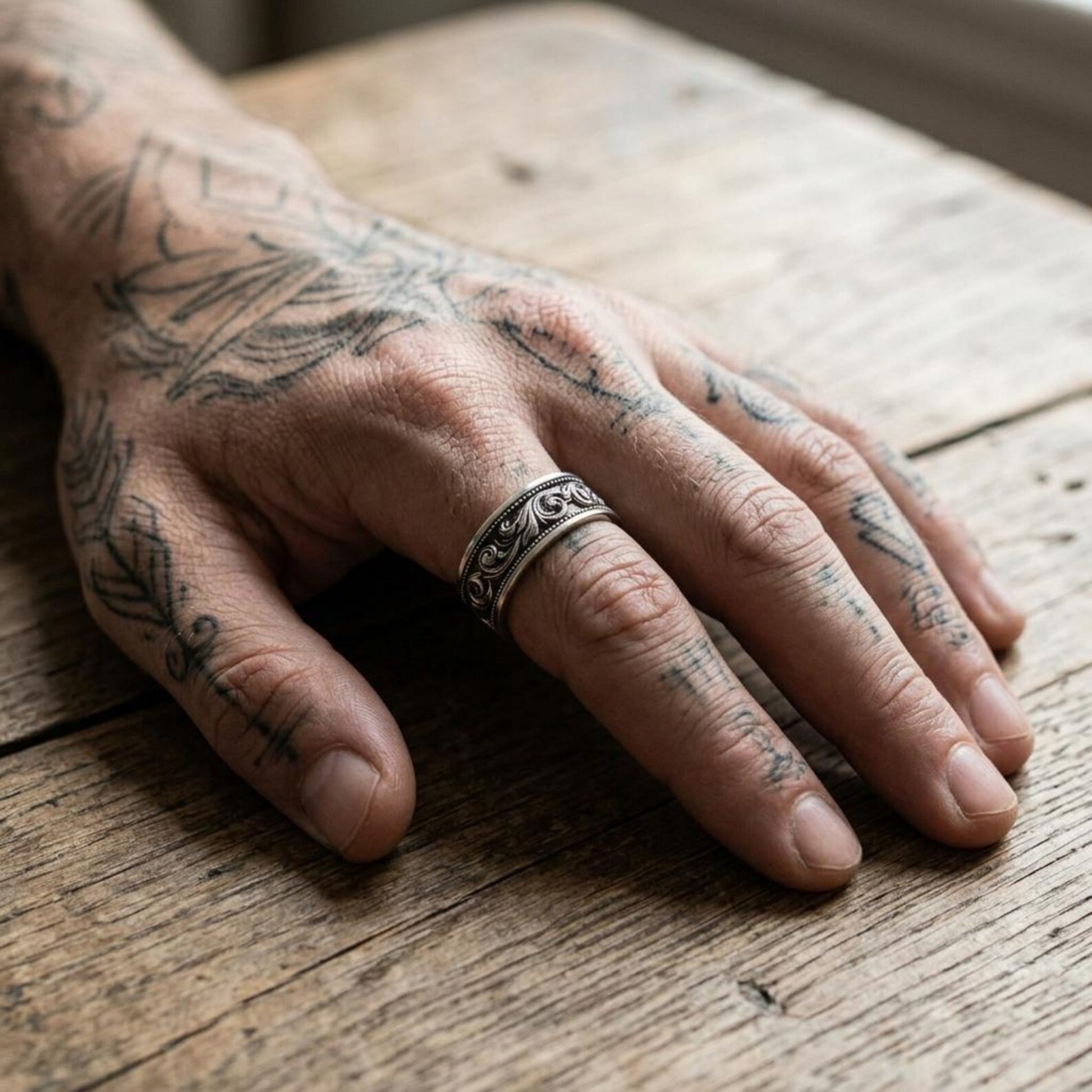 Medieval Wedding Band in sterling silver showcasing detailed heraldic patterns and Baroque decorative elements inspired by noble European craftsmanship and historical artistry.
