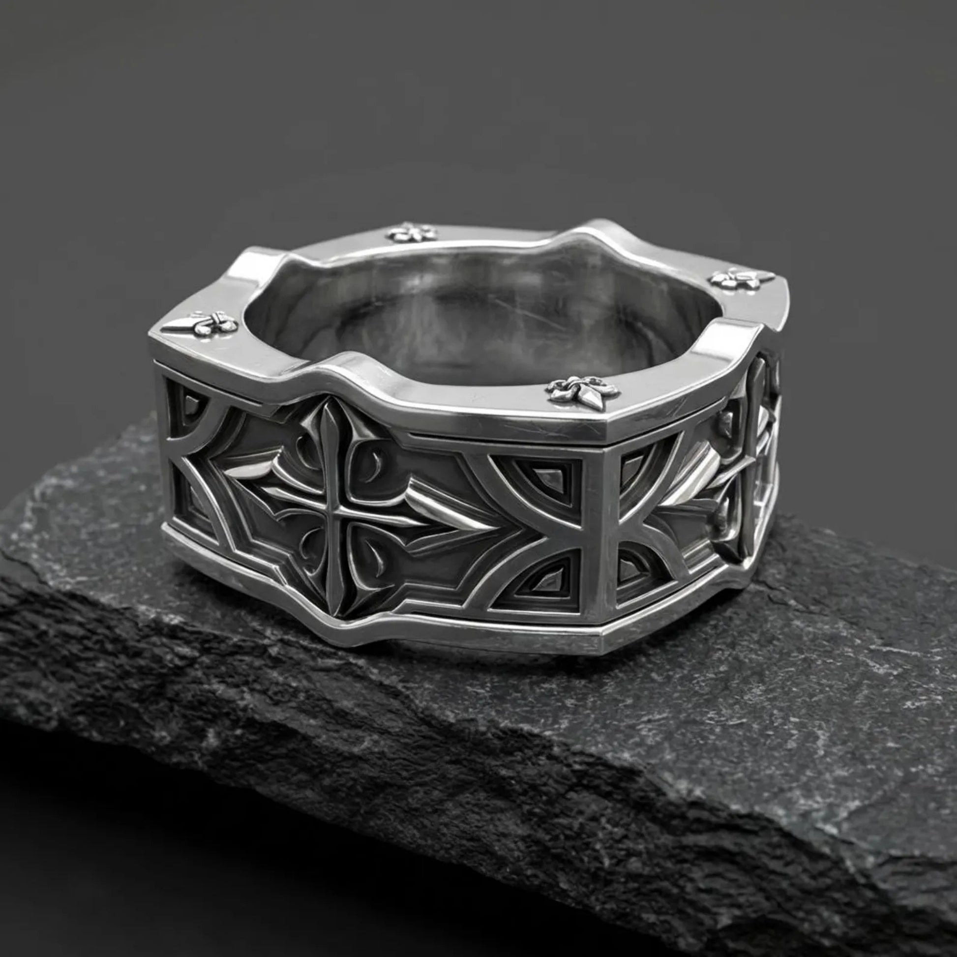 Gothic cross pattern sterling silver band ring for men featuring medieval heraldic lily fleur de lis design, handcrafted Christian religious jewelry with oxidized vintage finish