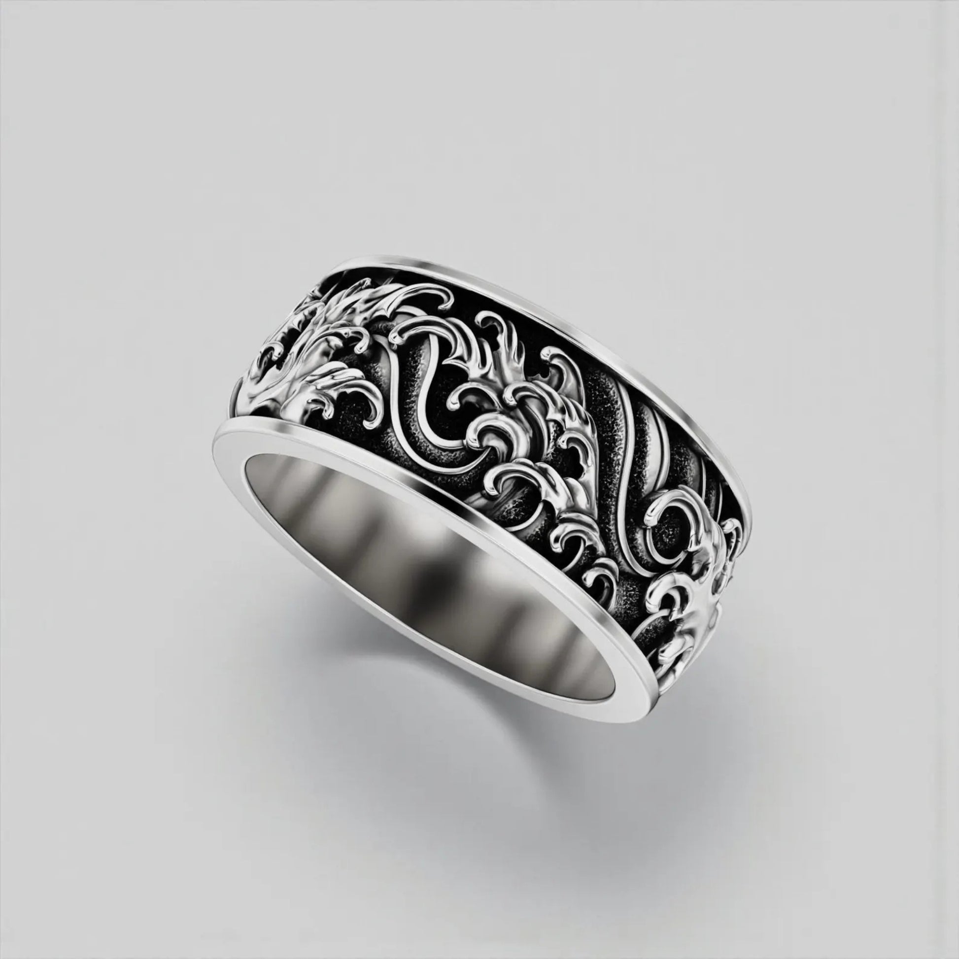 Ocean waves sterling silver ring for men with engraved nautical design, handcrafted band ring inspired by the sea