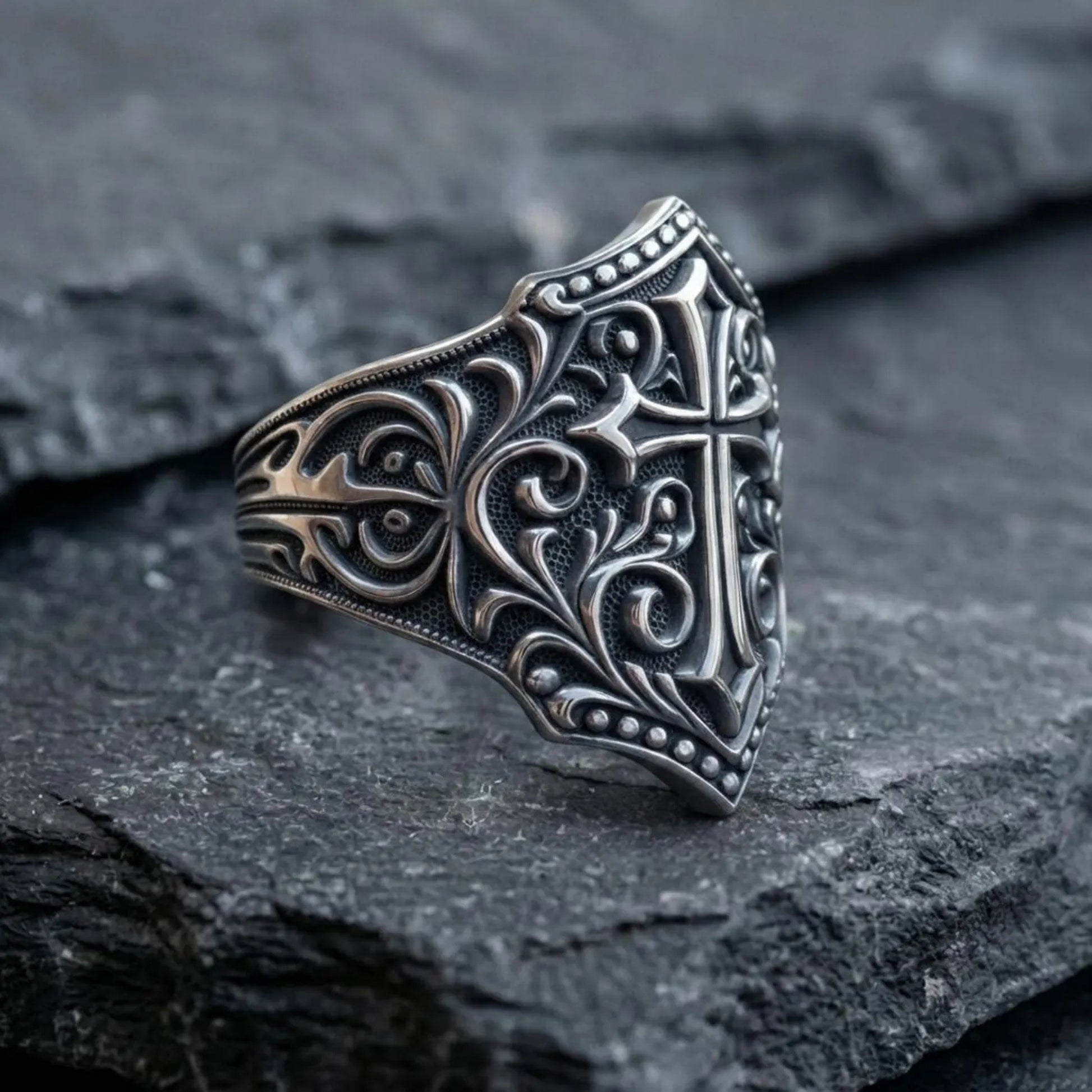 Solid sterling silver Christian Cross Shield ring featuring intricate Victorian engravings and a bold shield design, handcrafted Gothic jewelry for collectors and lovers of medieval style.