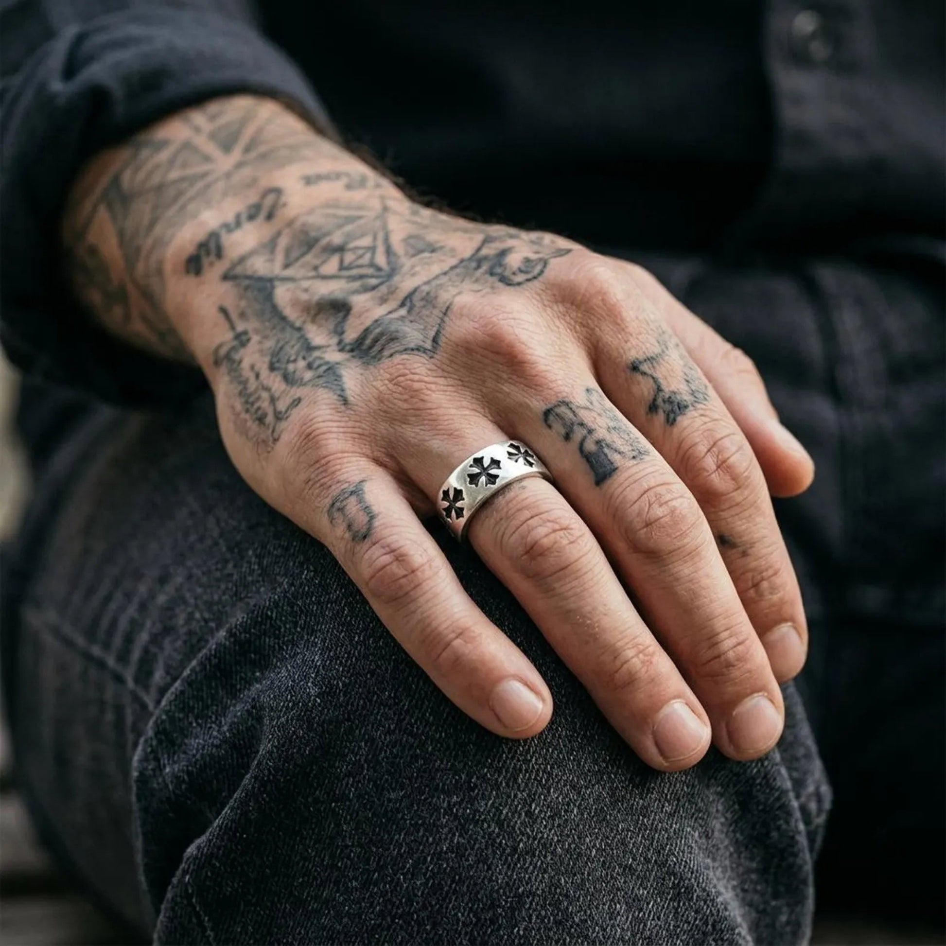 Solid 925 sterling silver religious ring with intricate Gothic Cross pattern and bold Christian wedding band style.