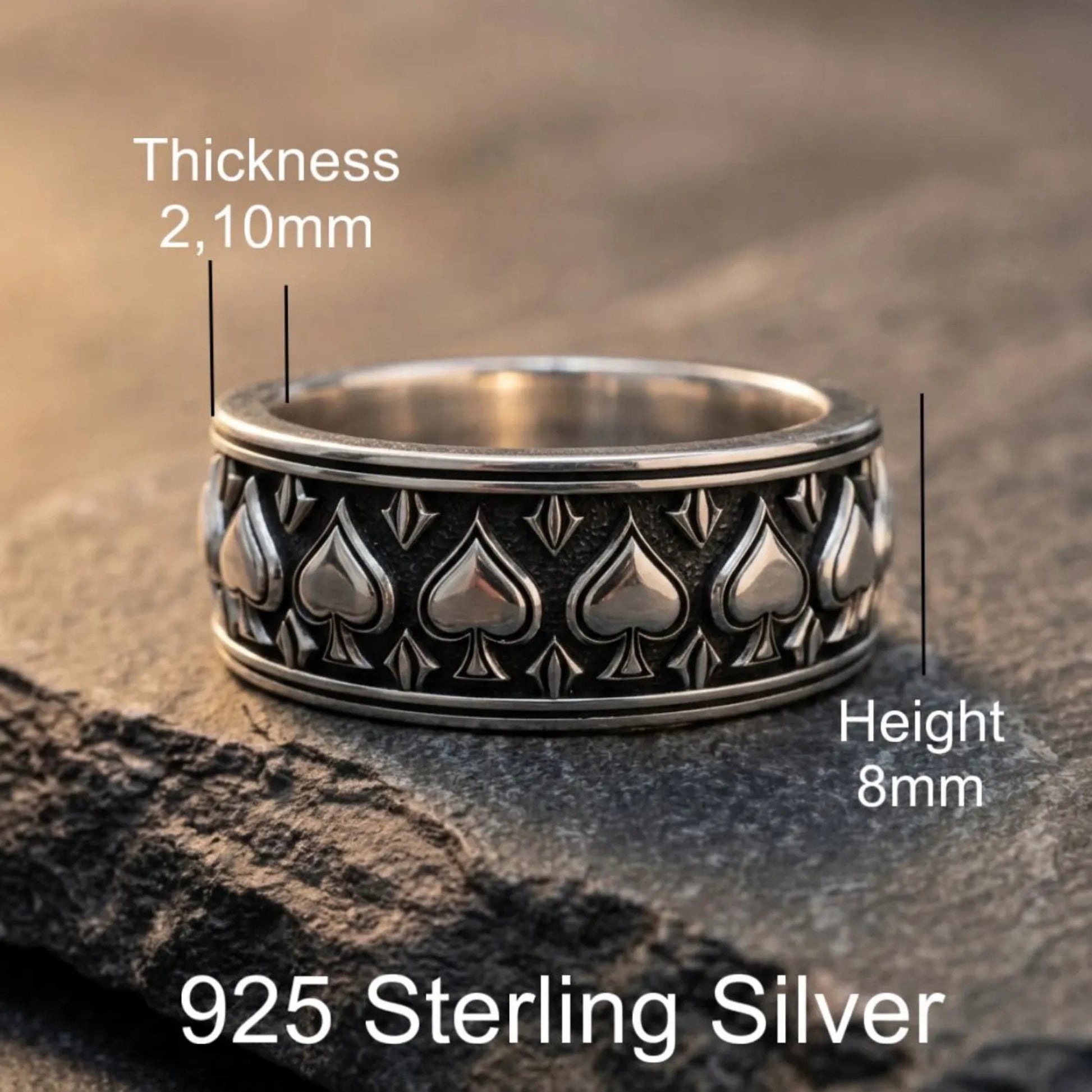 Handcrafted Ace of Spades Band Ring with detailed engravings and Gothic design elements, created for poker enthusiasts, gamblers, collectors, and lovers of unique jewelry.