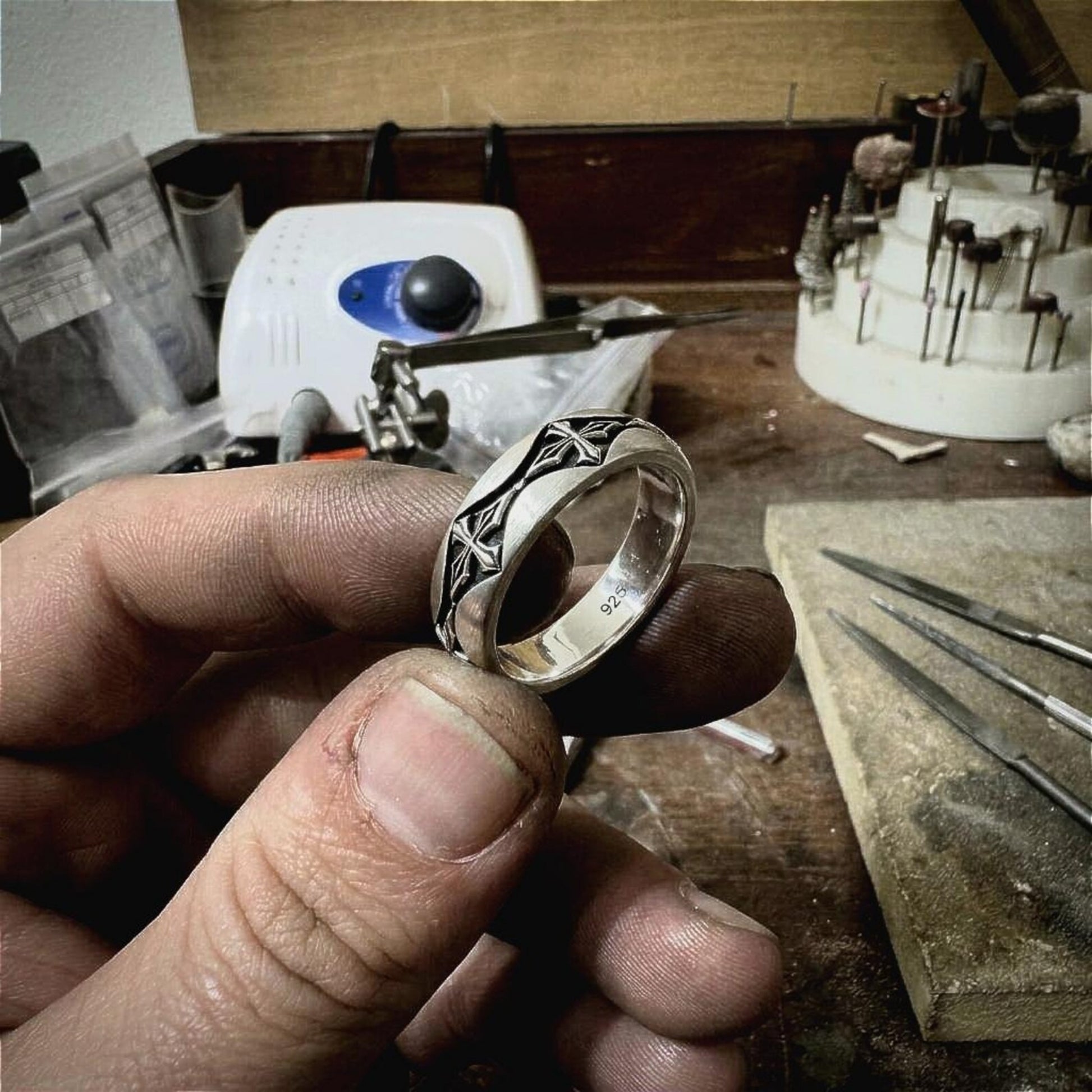 Solid silver Christian ring with intricate Gothic Cross details, handcrafted wedding band symbolizing devotion, spiritual guidance, and lifelong commitment.