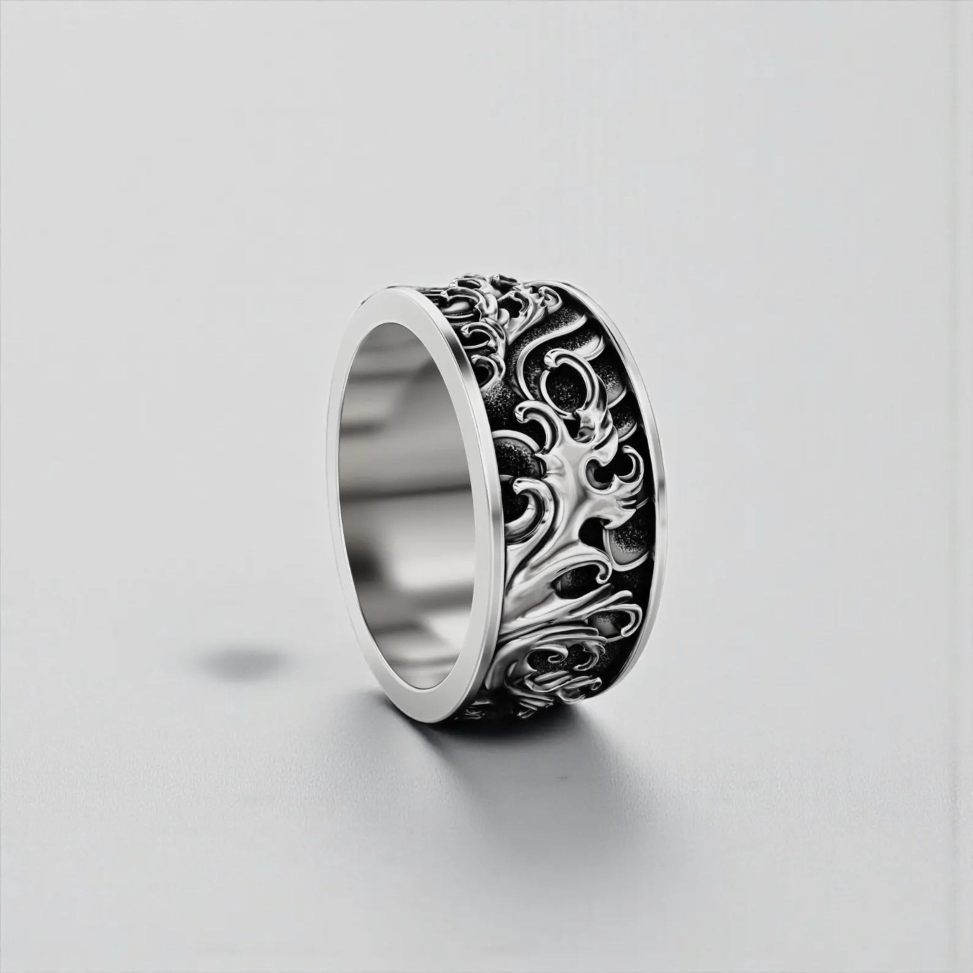 Bold nautical band ring for men featuring engraved ocean waves, oxidized sterling silver statement ring