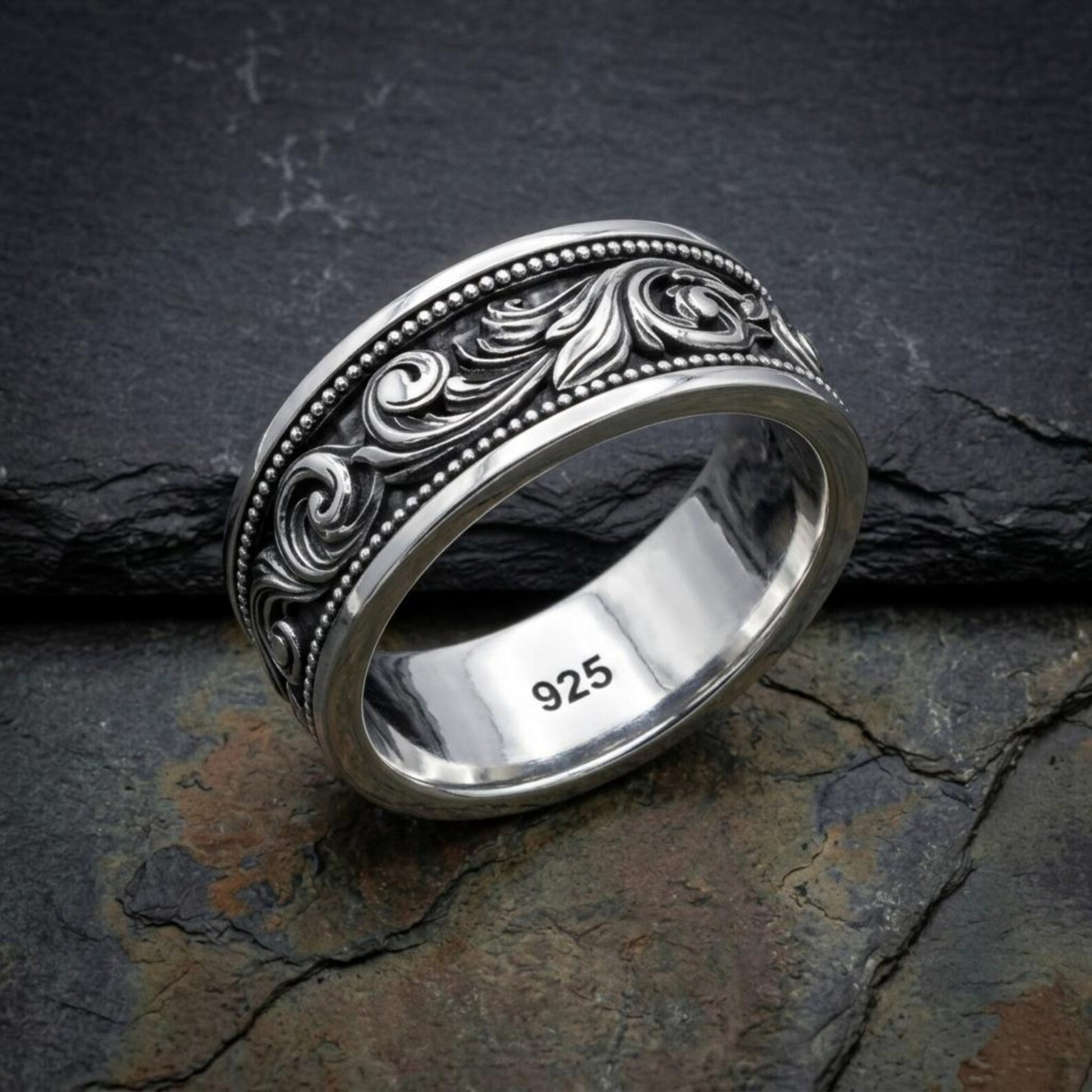 Sterling Silver Baroque Ring designed with elegant royal-inspired patterns and historic heraldic symbolism, making it a meaningful wedding band or anniversary gift.