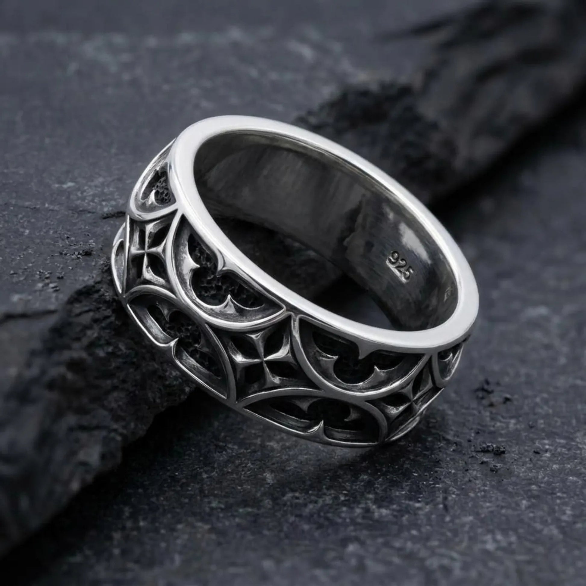 Unique Gothic Sterling Silver Ring with elaborate Victorian and medieval style engravings, handcrafted for those who appreciate alternative jewelry and historical design.