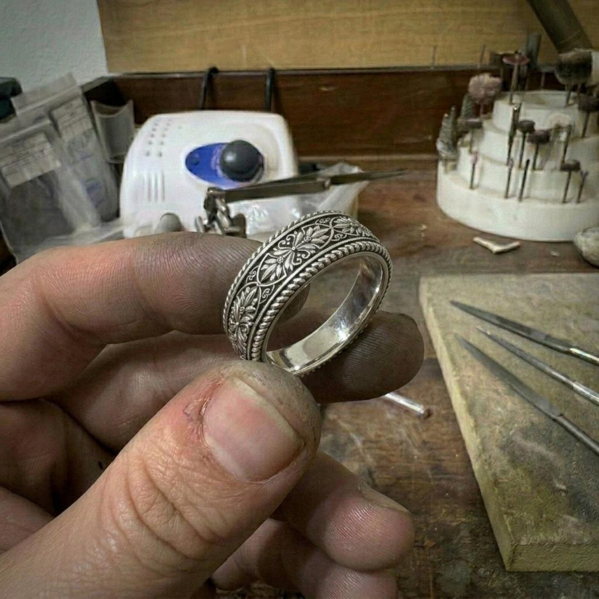 Sterling Silver Promise Ring inspired by traditional heirloom jewelry, featuring handcrafted details and a timeless vintage character perfect for everyday wear.