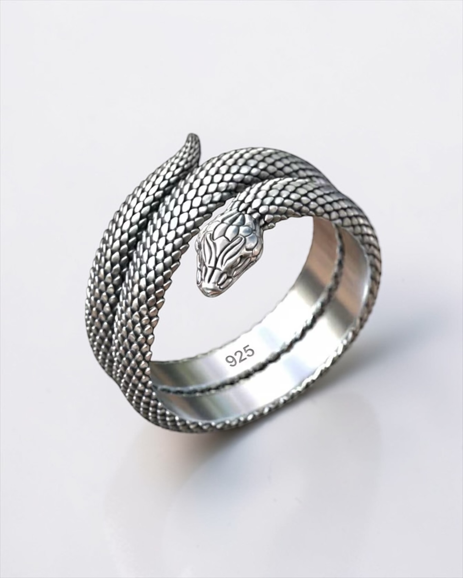 Handcrafted 925 sterling silver snake wrap ring with gothic serpent design, oxidized finish and detailed scales, bold biker statement ring for men, unique gothic jewelry gift for husband or boyfriend.