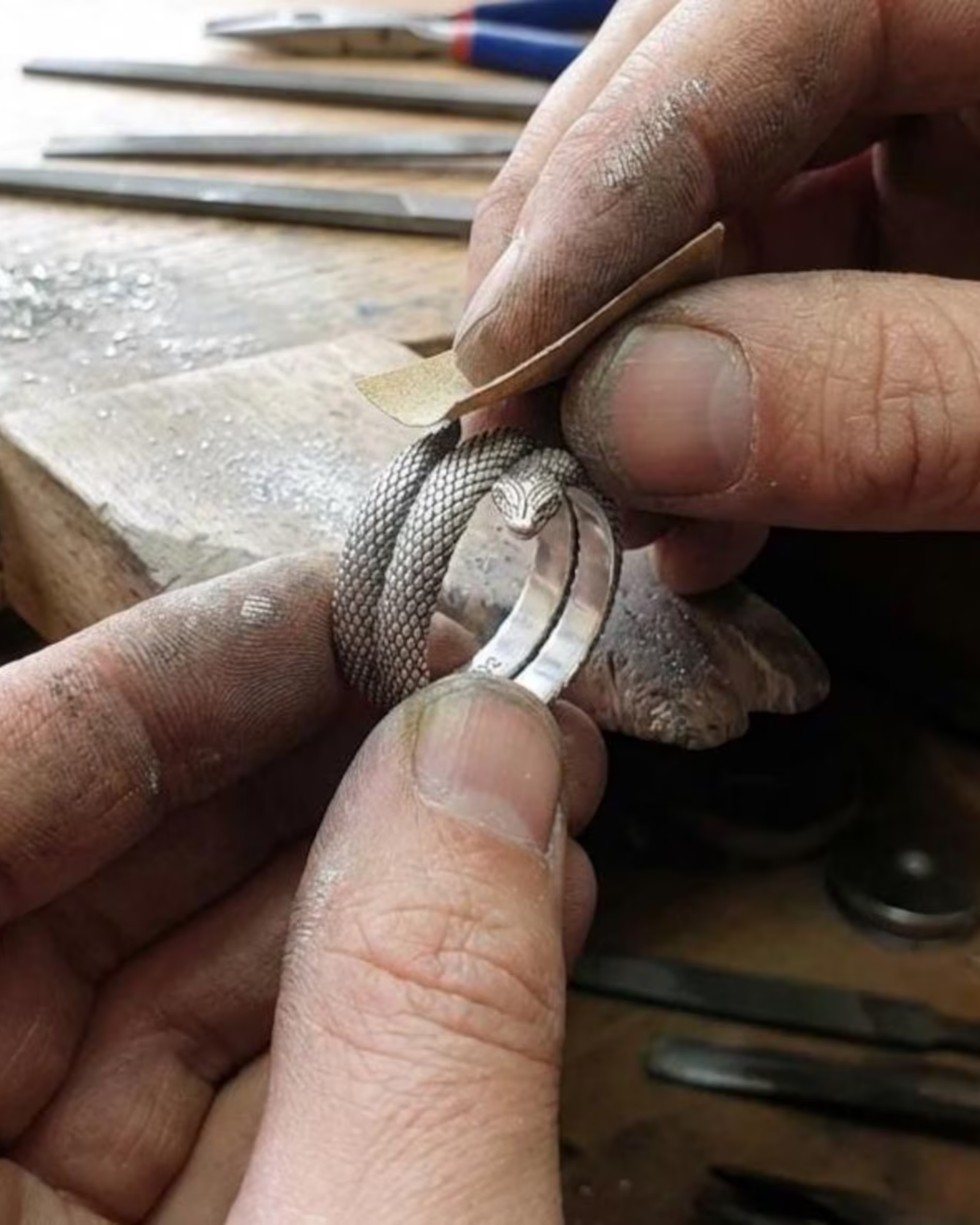 Men’s gothic serpent ring crafted from solid sterling silver, snake wrap design with textured scales and oxidized finish, biker jewelry statement ring, handcrafted artisan piece.