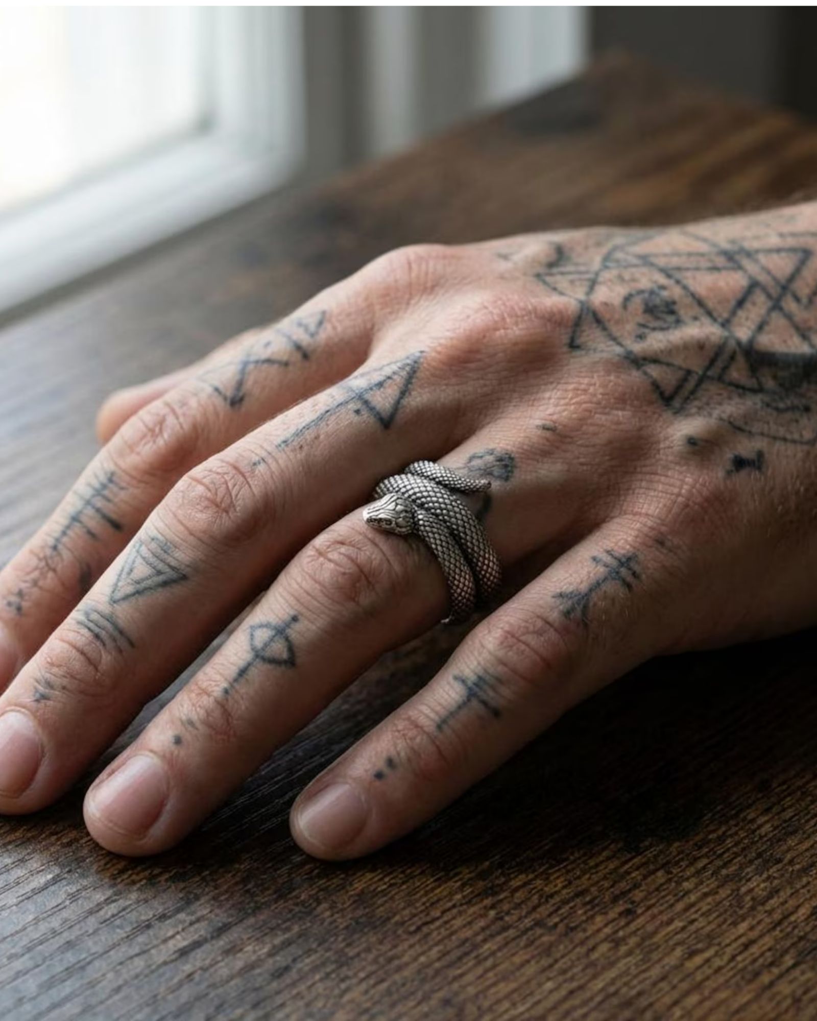 Artisan crafted gothic serpent wrap ring in solid 925 sterling silver, edgy biker jewelry design symbolizing transformation and strength, unique handmade statement ring for men.