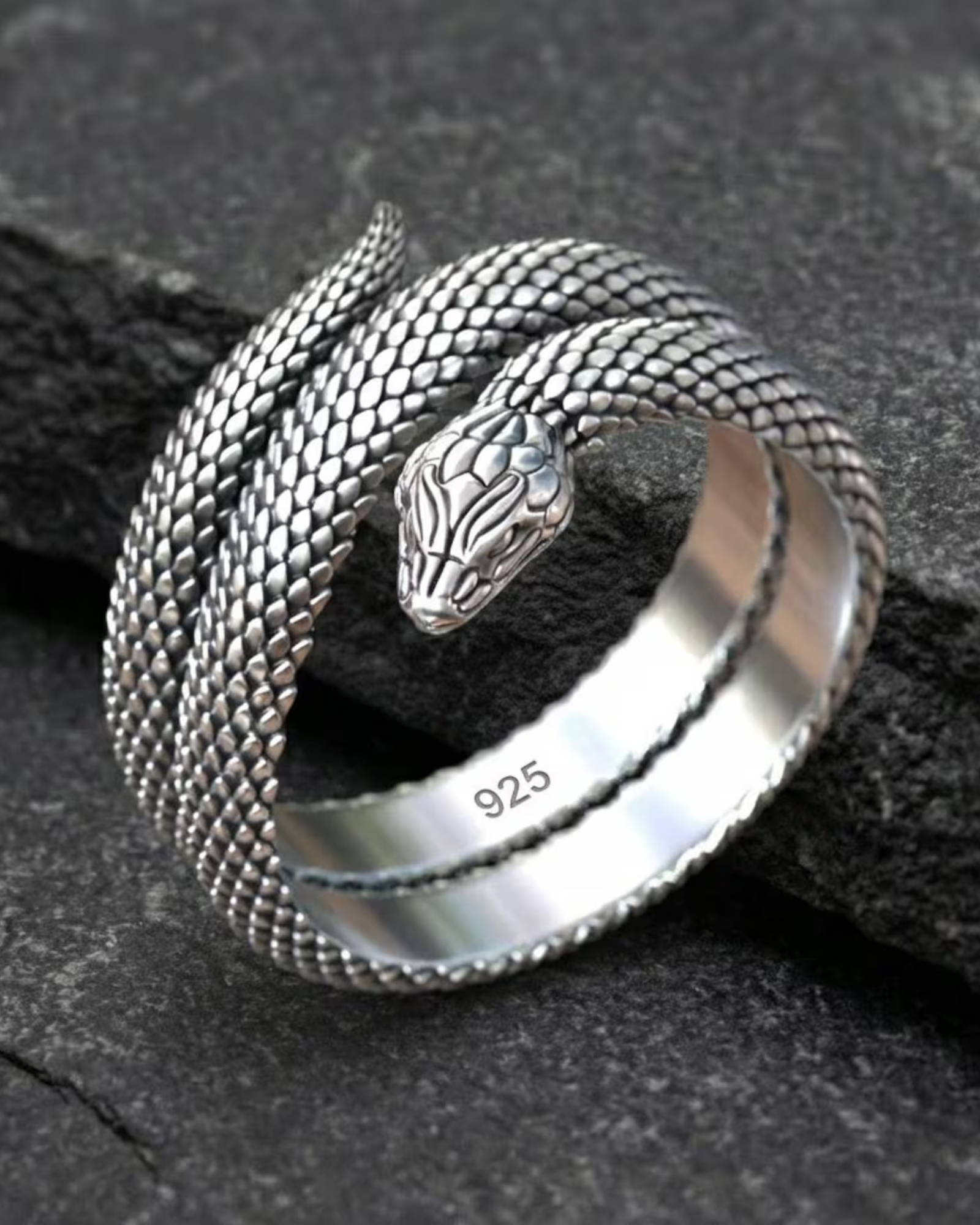 Bold 925 sterling silver snake ring wrapped around finger, gothic serpent biker jewelry with detailed snake head and scales, unique statement ring for men, handmade gothic style accessory.