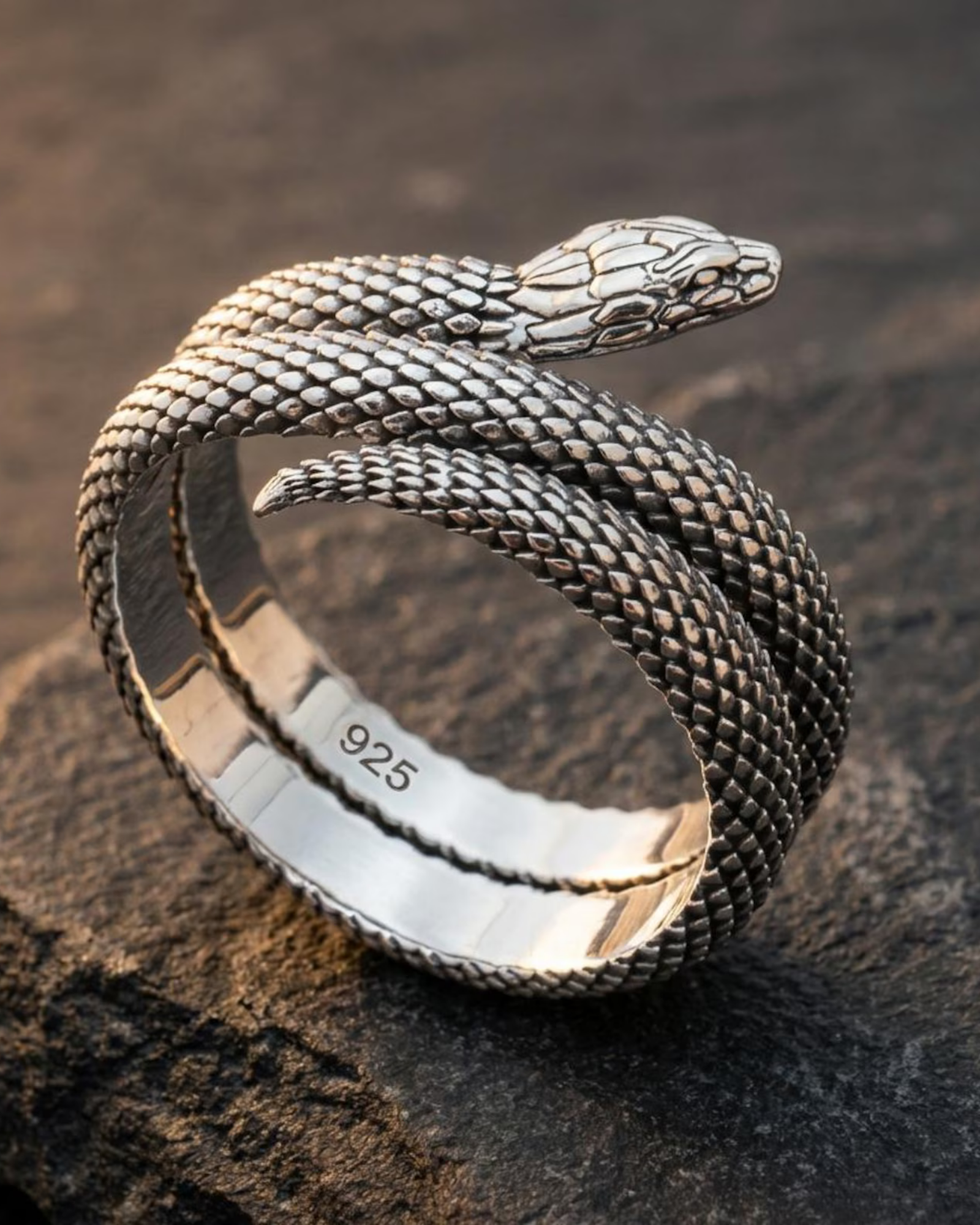 Detailed silver snake wrap ring with oxidized finish, gothic serpent statement jewelry handcrafted from solid sterling silver, biker ring gift for husband boyfriend or gothic jewelry lovers.