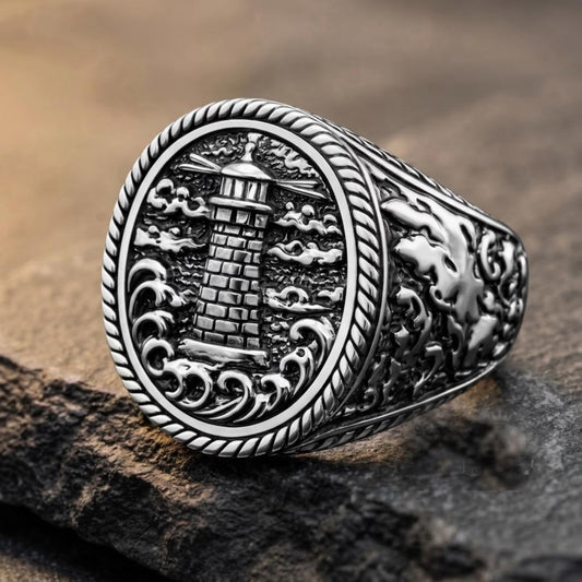 Handmade 925 Sterling Silver Lighthouse Signet Ring featuring a detailed nautical lighthouse motif, handcrafted for sailors, sea lovers, and collectors of maritime jewelry.