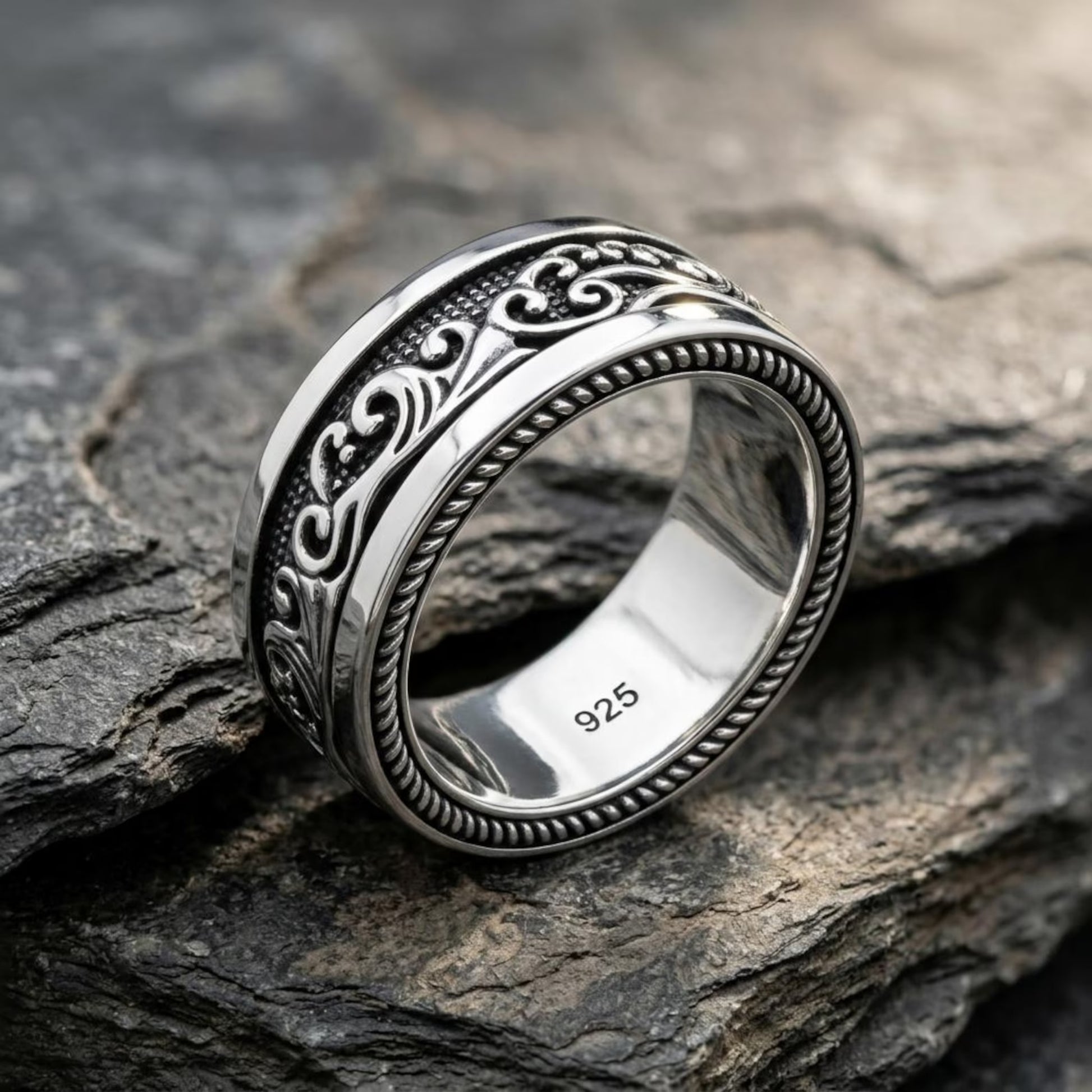 Coastal Jewelry Ring inspired by the timeless rhythm of the sea, featuring intricate wave engravings and durable handcrafted sterling silver construction.