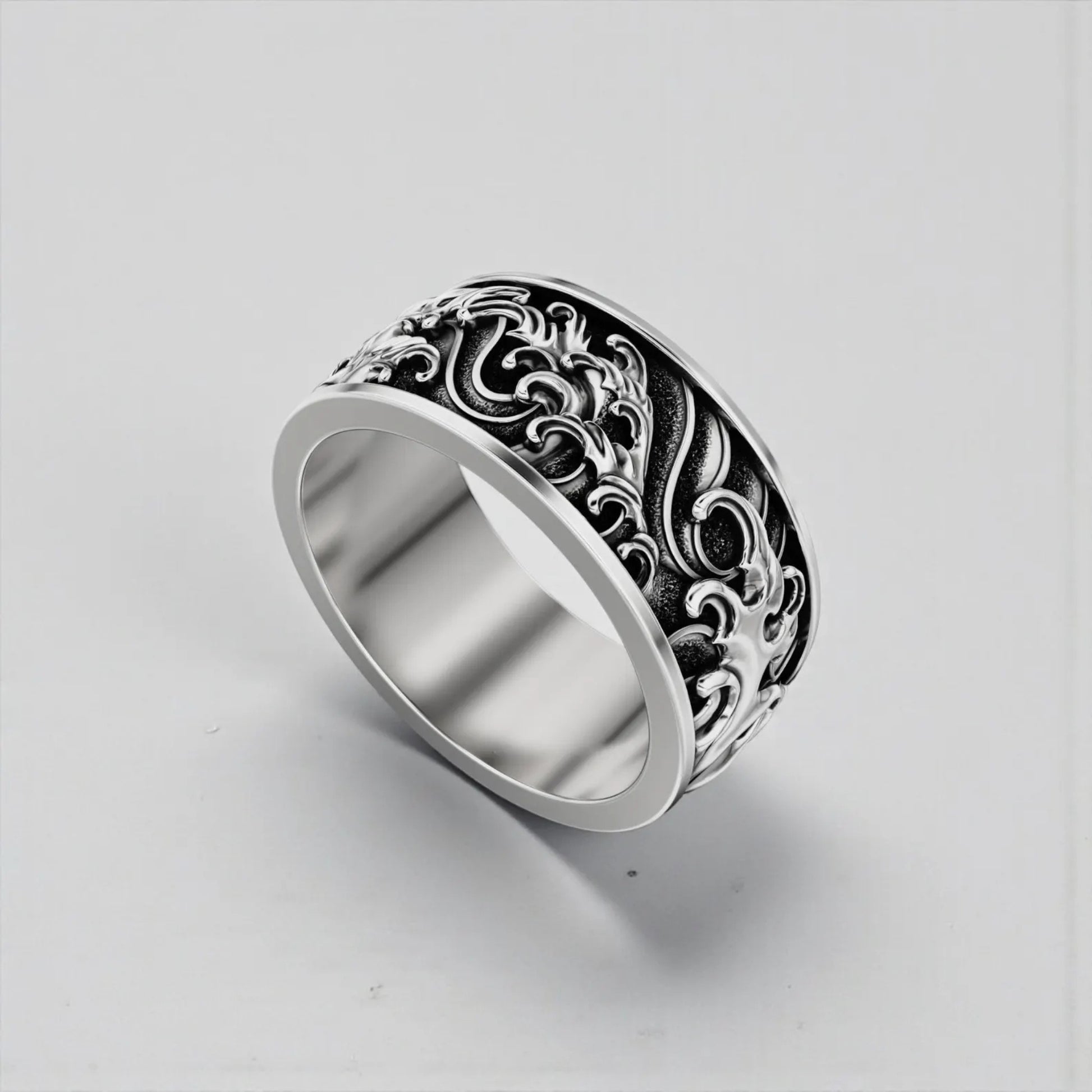 Nautical sterling silver band ring for men with wave design symbolizing freedom, strength, and adventure