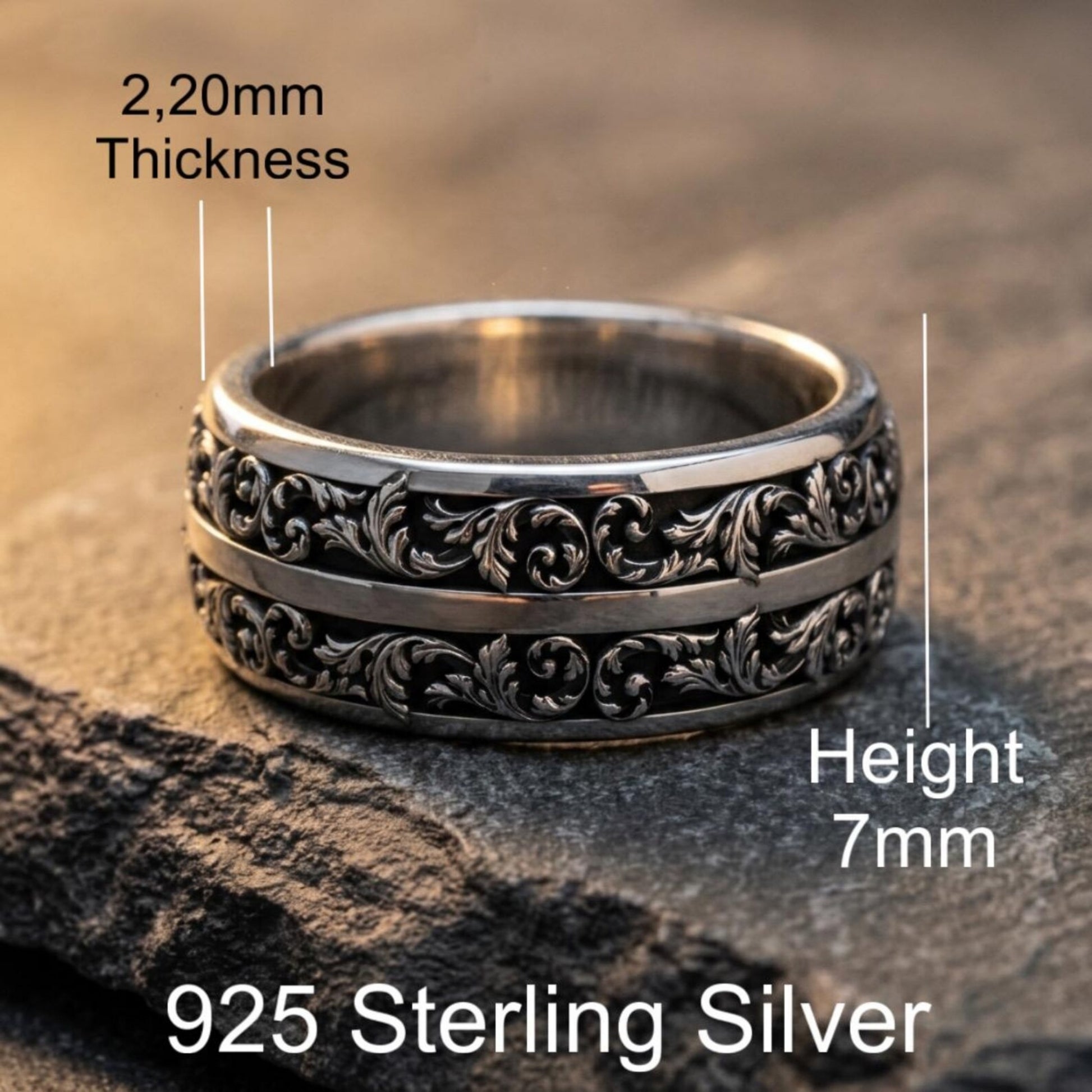 Antique Inspired Band Ring featuring beautifully carved double scroll details and handcrafted sterling silver artistry designed to become a treasured family heirloom.