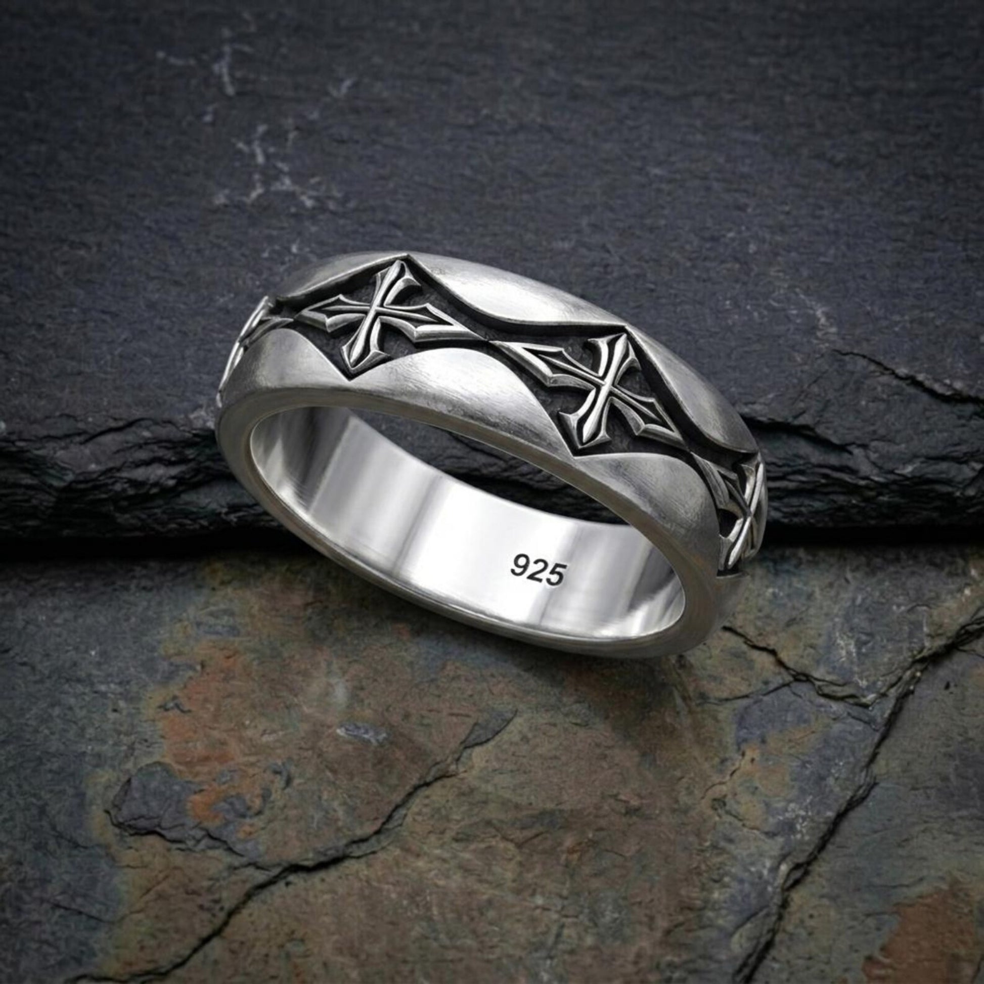 Handmade Gothic Cross Sterling Silver Wedding Band Ring for Men featuring a detailed Christian cross design, crafted from solid 925 sterling silver with an oxidized finish.