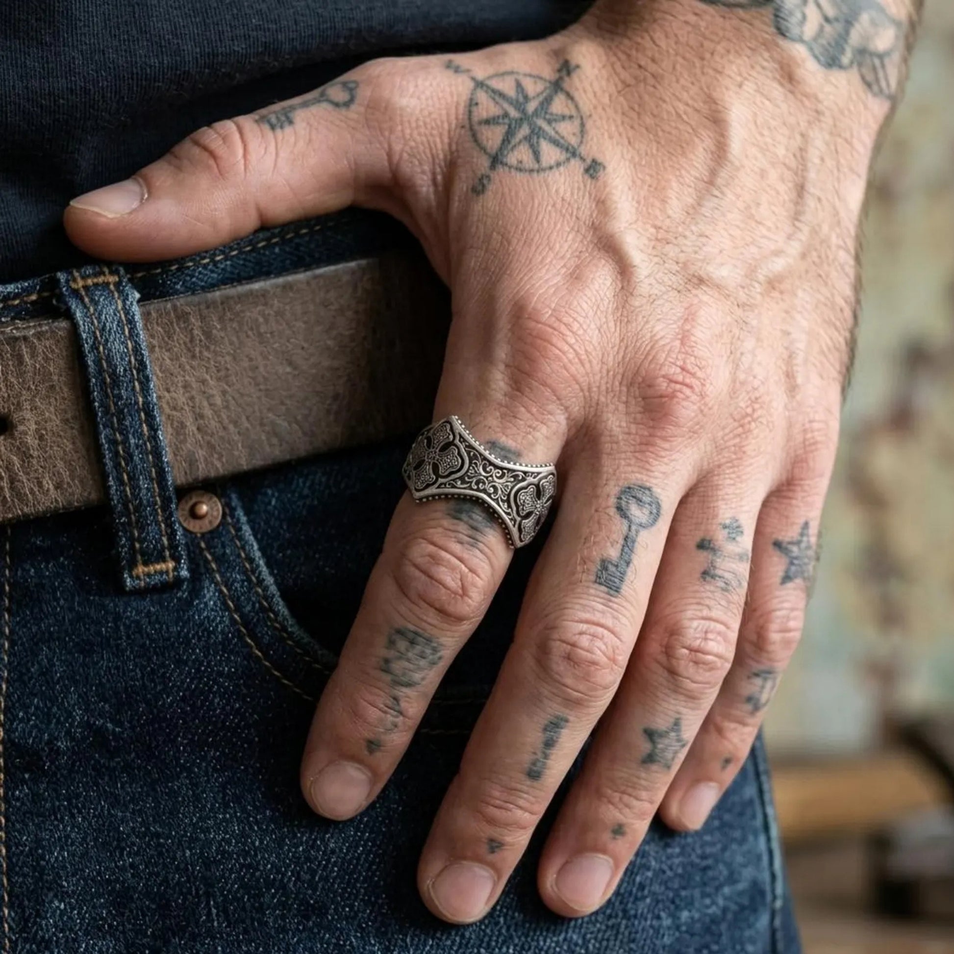 May include: A wide silver ring featuring an intricate embossed pattern with two prominent cross-shaped motifs on the sides and detailed scrollwork across the center band, showcasing a polished finish with darkened recessed areas for contrast.