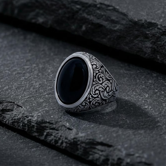 Onyx Gemstone Baroque Floral Signet Ring