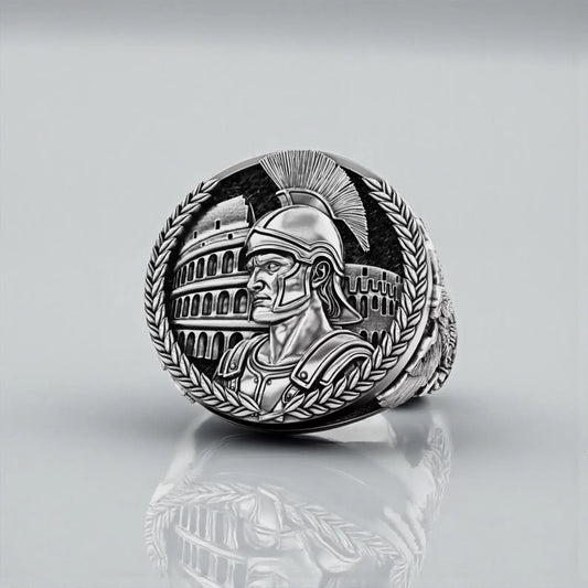 Handcrafted Ancient Rome signet ring for men featuring a bold Imperial Eagle engraving, crafted in solid 925 sterling silver with oxidized finish and strong warrior inspired masculine design