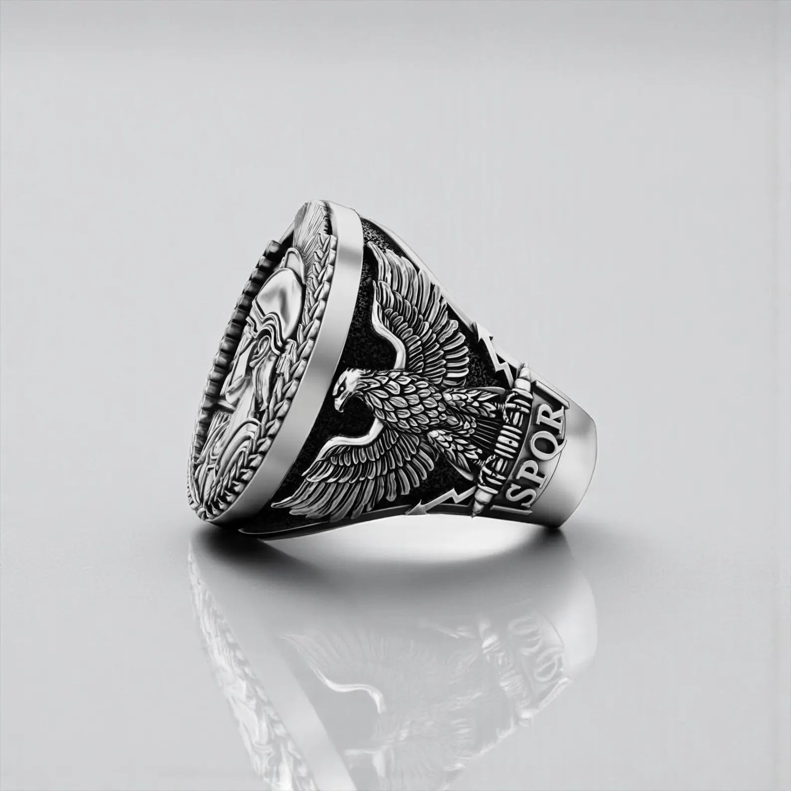 Statement sterling silver signet ring with detailed eagle wings and imperial Roman heritage design for history lovers and collectors