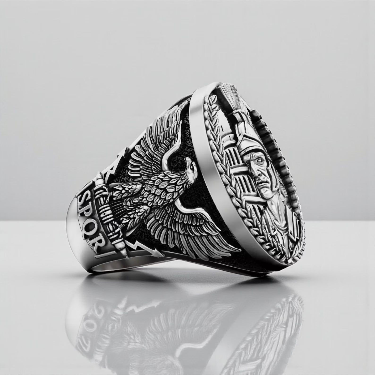 Side angle view of Ancient Rome warrior ring highlighting 7mm under finger width and thick inner band construction for durability and comfort