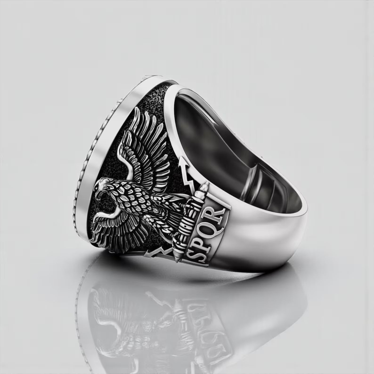 Oxidized Roman Empire signet ring with sculpted Imperial Eagle artwork and strong architectural ring proportions