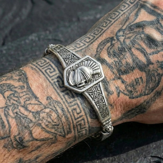 Handcrafted 925 sterling silver Spartan warrior cuff bracelet for men with oxidized vintage finish and detailed lion design