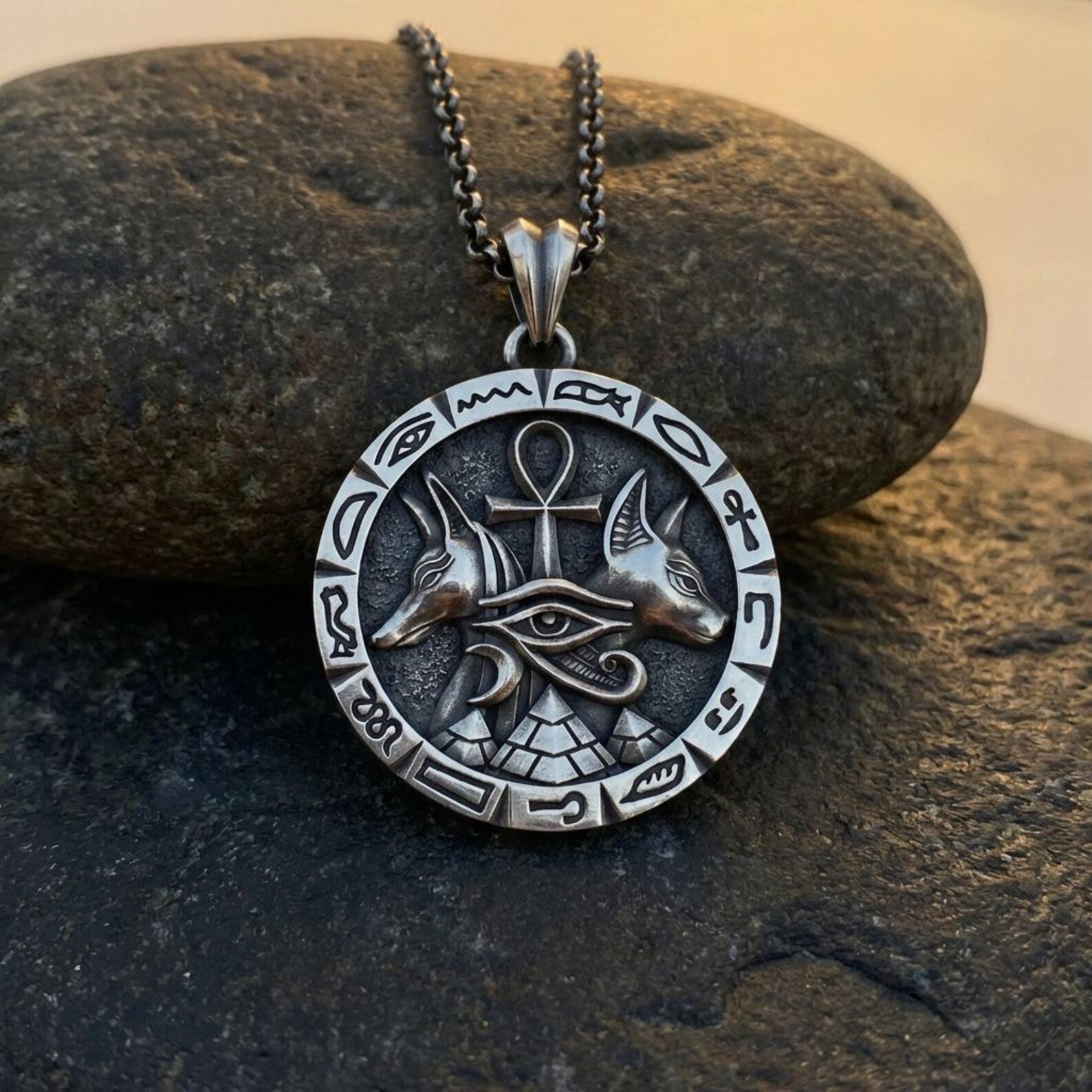 ancient egypt inspired anubis bastet protection amulet necklace handmade sterling silver bold mens statement piece