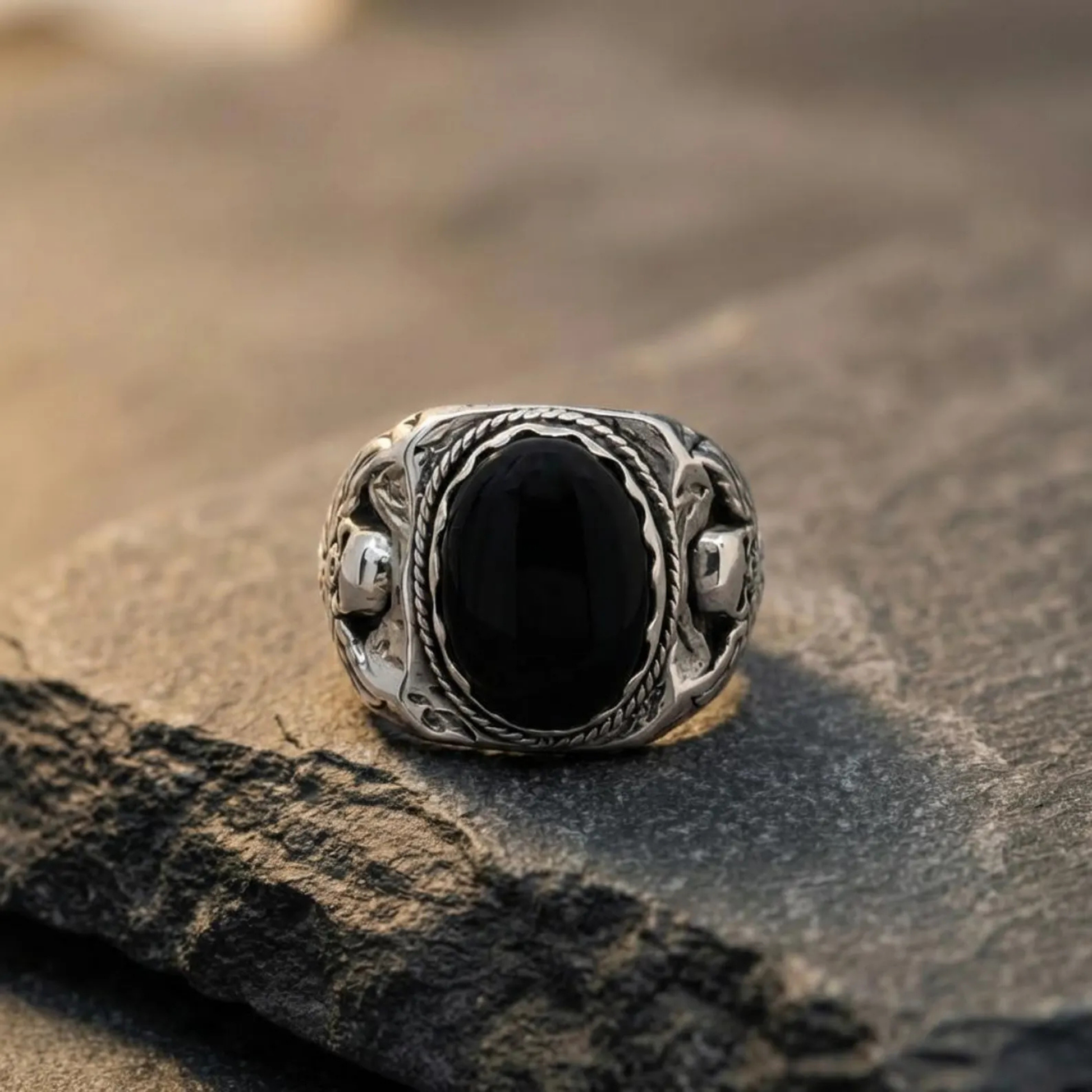 Handcrafted 925 sterling silver skull ring with natural black onyx stone bold biker jewelry for men
