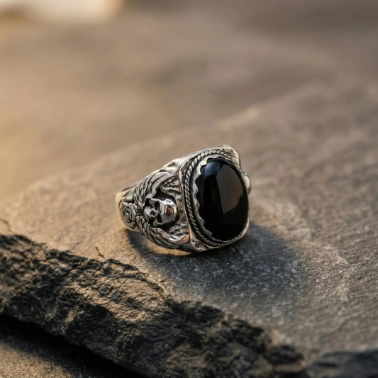 Biker skull ring for men with black onyx gemstone in 925 sterling silver gothic statement jewelry