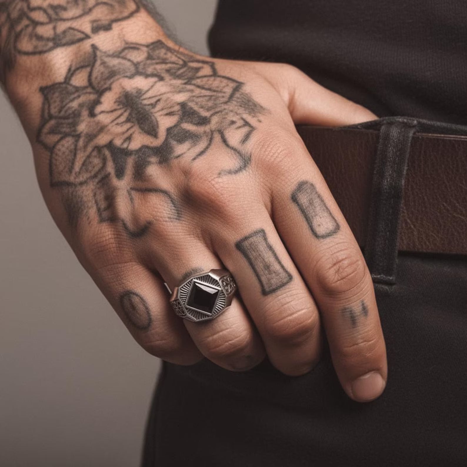 Close-up of a sterling silver signet ring with black onyx gemstone, showing detailed engraved patterns, polished surface and handcrafted artisan jewelry craftsmanship