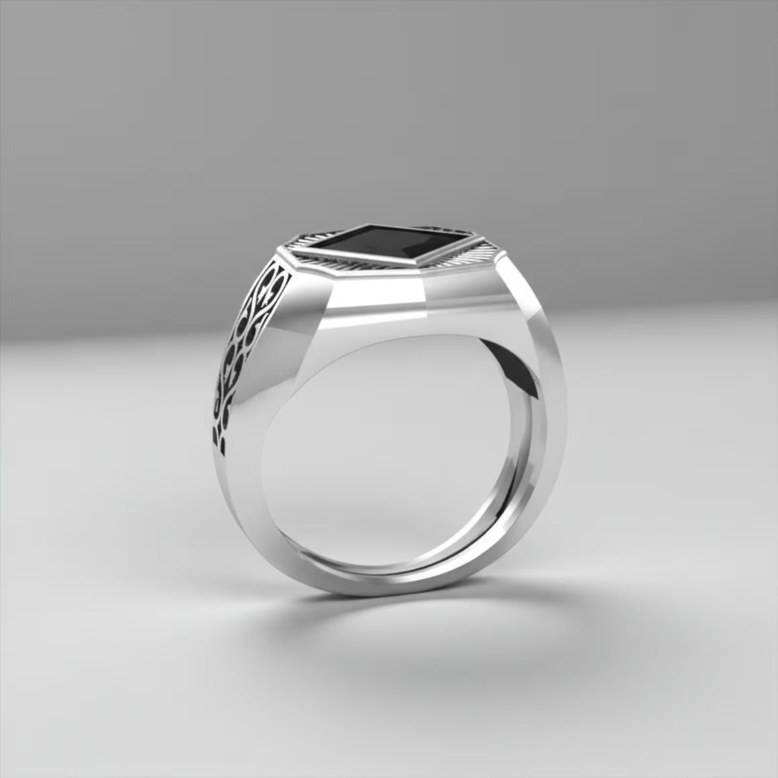 Handmade black onyx signet ring for men, designed in solid sterling silver with deep black gemstone symbolizing strength, protection and modern masculine elegance