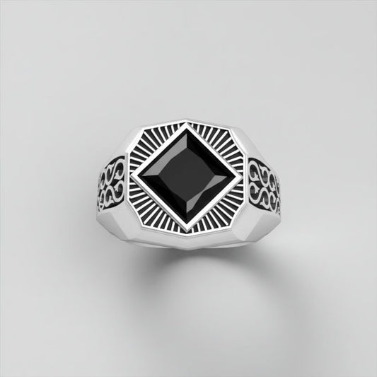 Men’s black onyx engraved signet ring crafted from 925 sterling silver, featuring a bold square onyx gemstone with oxidized finish and handcrafted luxury masculine design