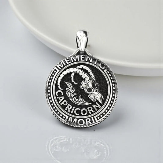 Gothic Capricorn Sea-Goat pendant necklace in 925 sterling silver, featuring a memento mori zodiac design with oxidized finish, symbolizing ambition, strength and spiritual grounding