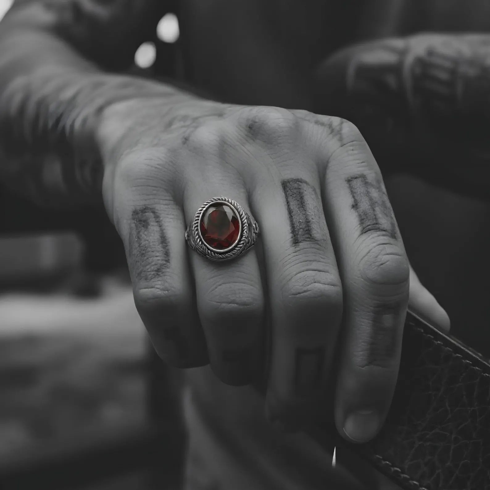 Statement garnet signet ring for men made of hypoallergenic 925 sterling silver, blending vintage inspiration with bold craftsmanship and refined masculine style