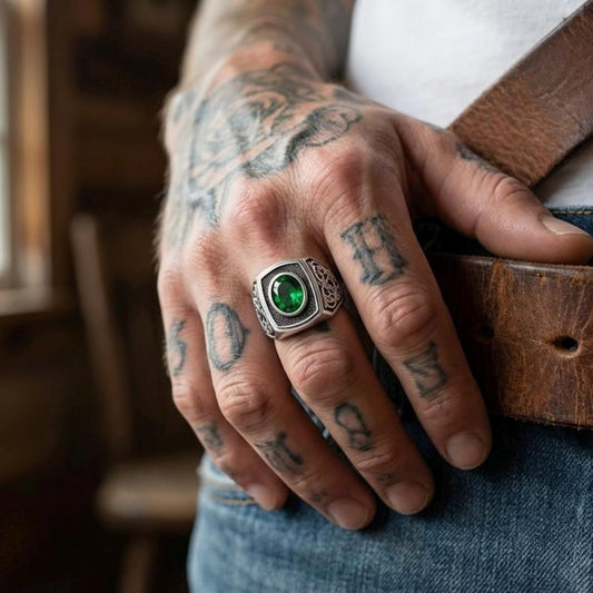 Handmade Victorian gothic signet ring for men featuring deep green emerald gemstone set in oxidized sterling silver