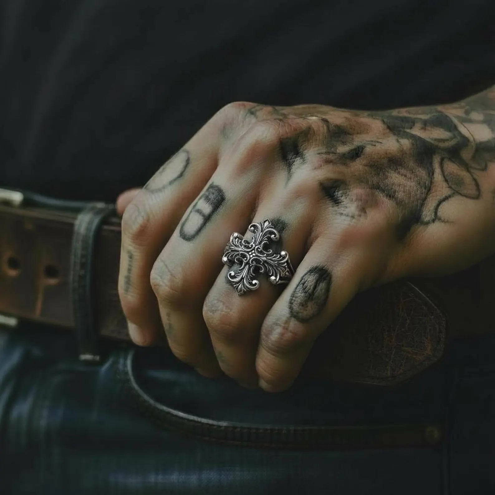 Vintage inspired Christian cross ring for men with detailed baroque engraving and bold masculine silver design
