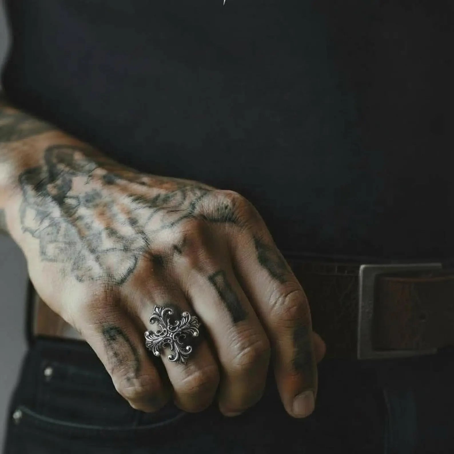 Religious gothic cross signet ring for men designed with baroque engraved details and handcrafted silver craftsmanship