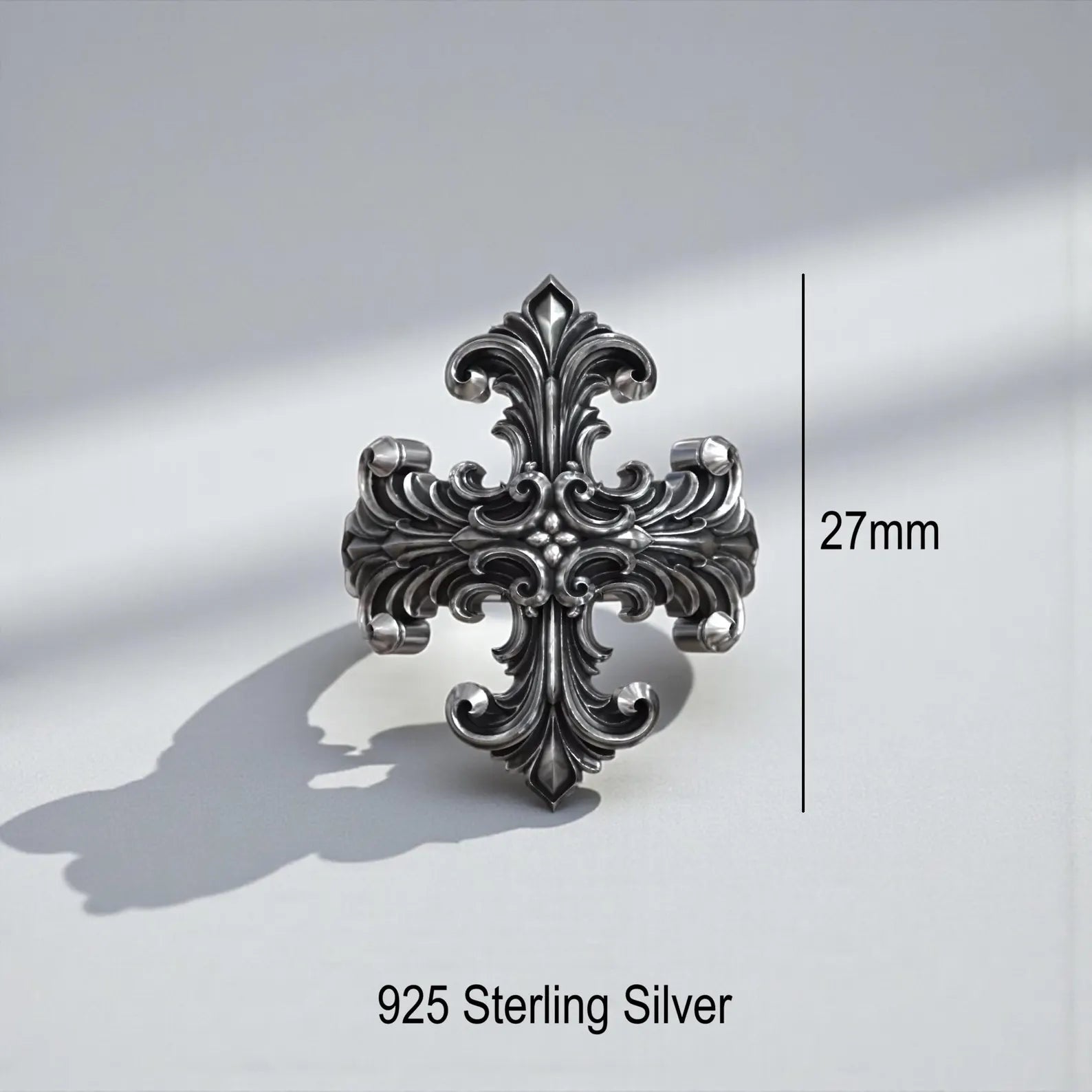 Faith based baroque cross ring for men with intricate vintage style engravings in high quality sterling silver